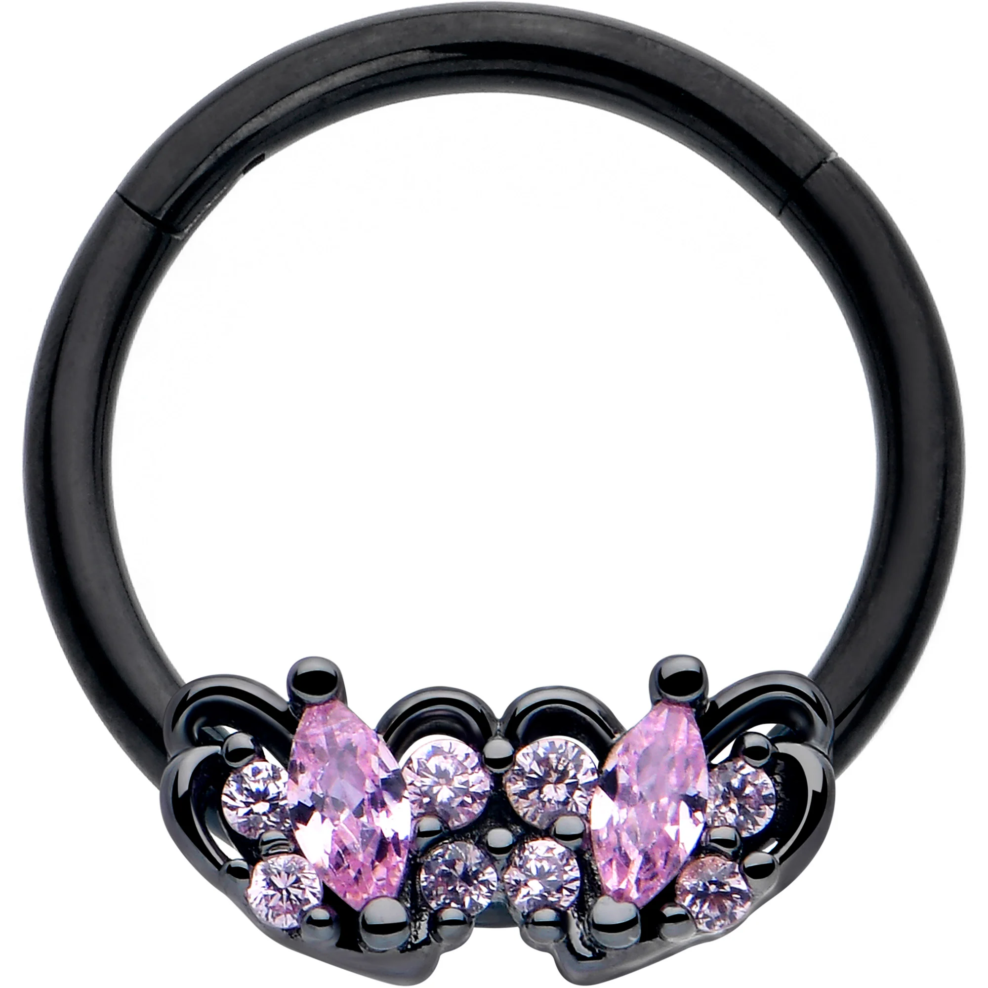 16G 3/8 Pink CZ Gem Black Looping Hearts Hinged Segment Ring