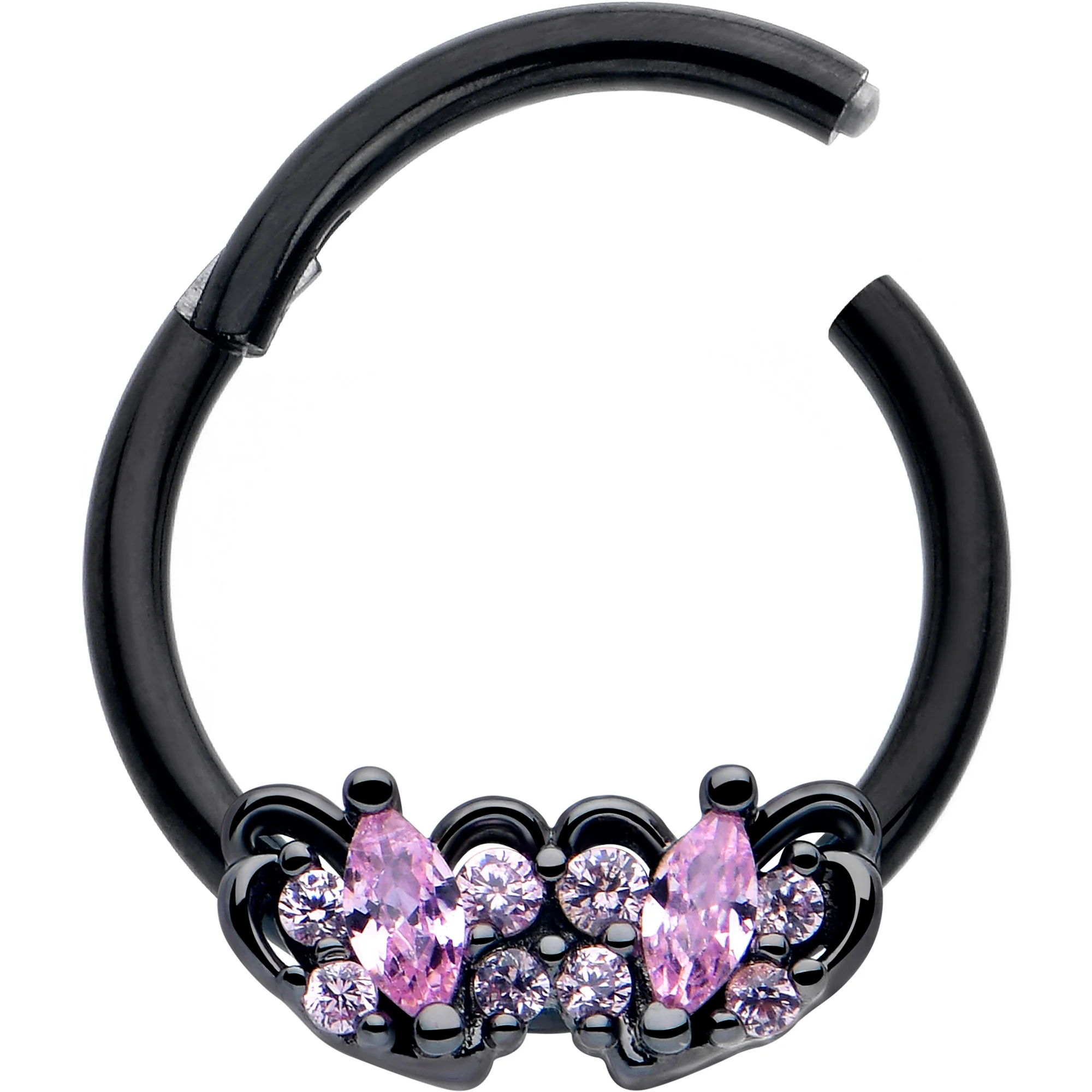 16G 3/8 Pink CZ Gem Black Looping Hearts Hinged Segment Ring - Image 2