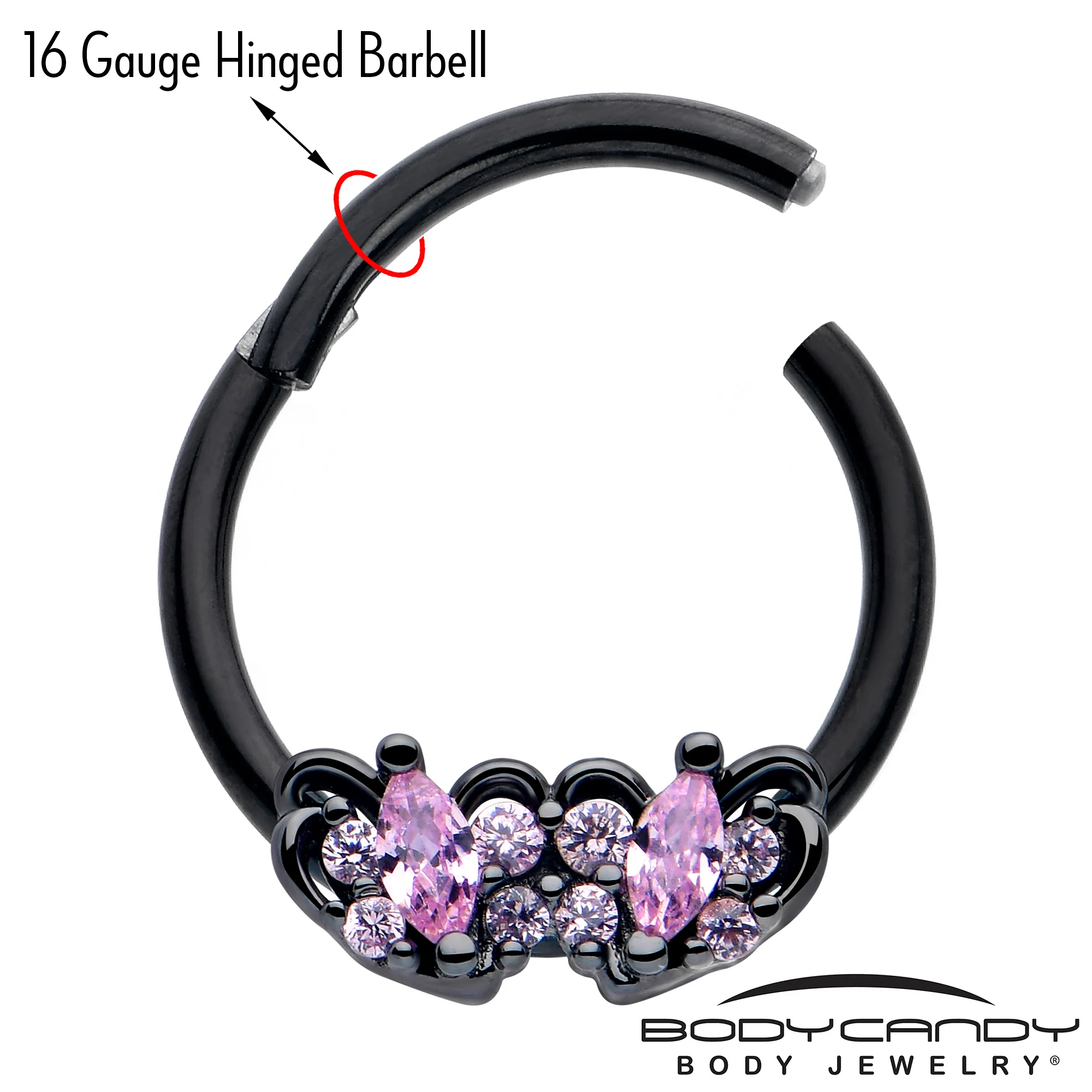 16G 3/8 Pink CZ Gem Black Looping Hearts Hinged Segment Ring - Image 3