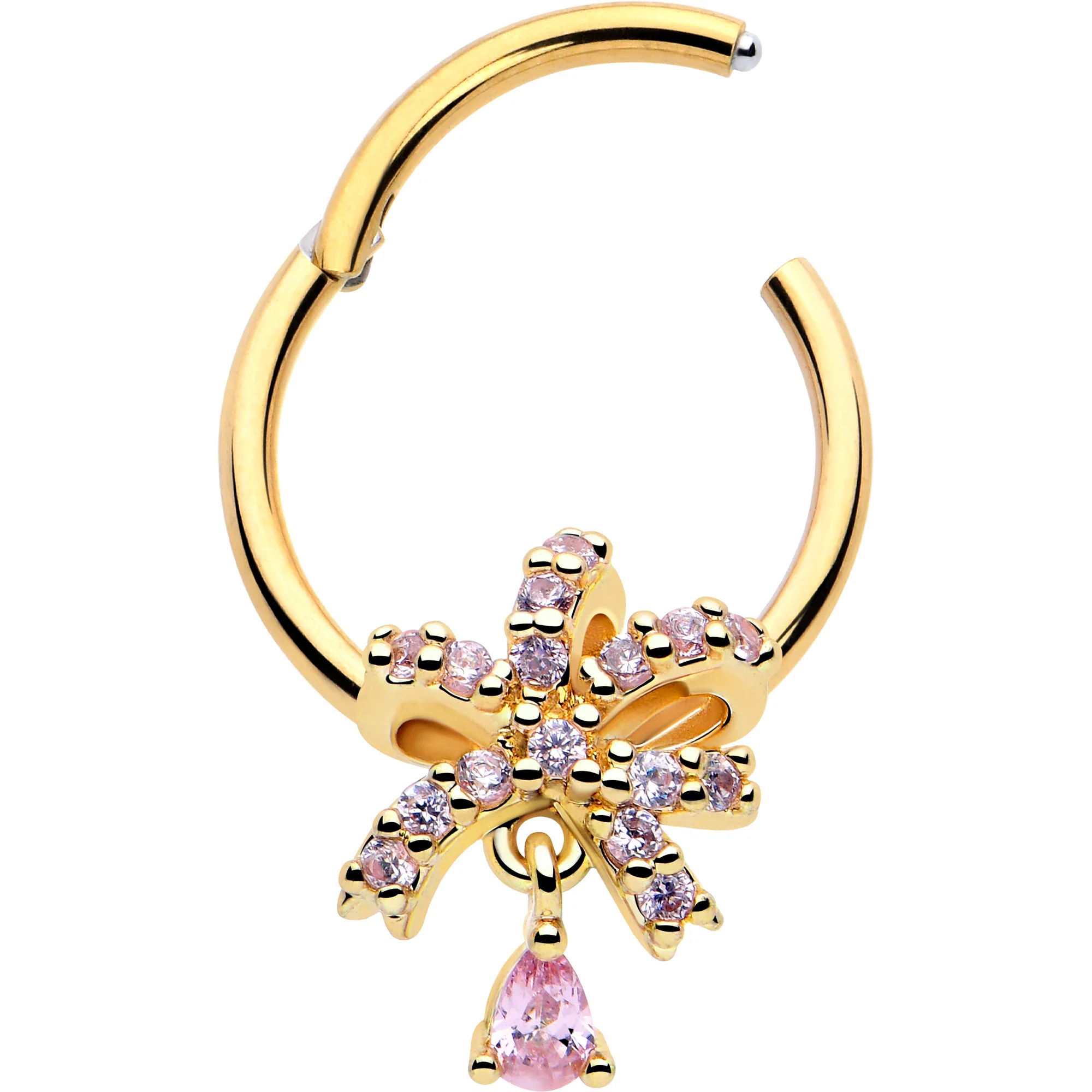 16G 3/8 Pink CZ Gem Gold Tone Ribbon Splendor Dangle Hinged Segment Ring - Image 2