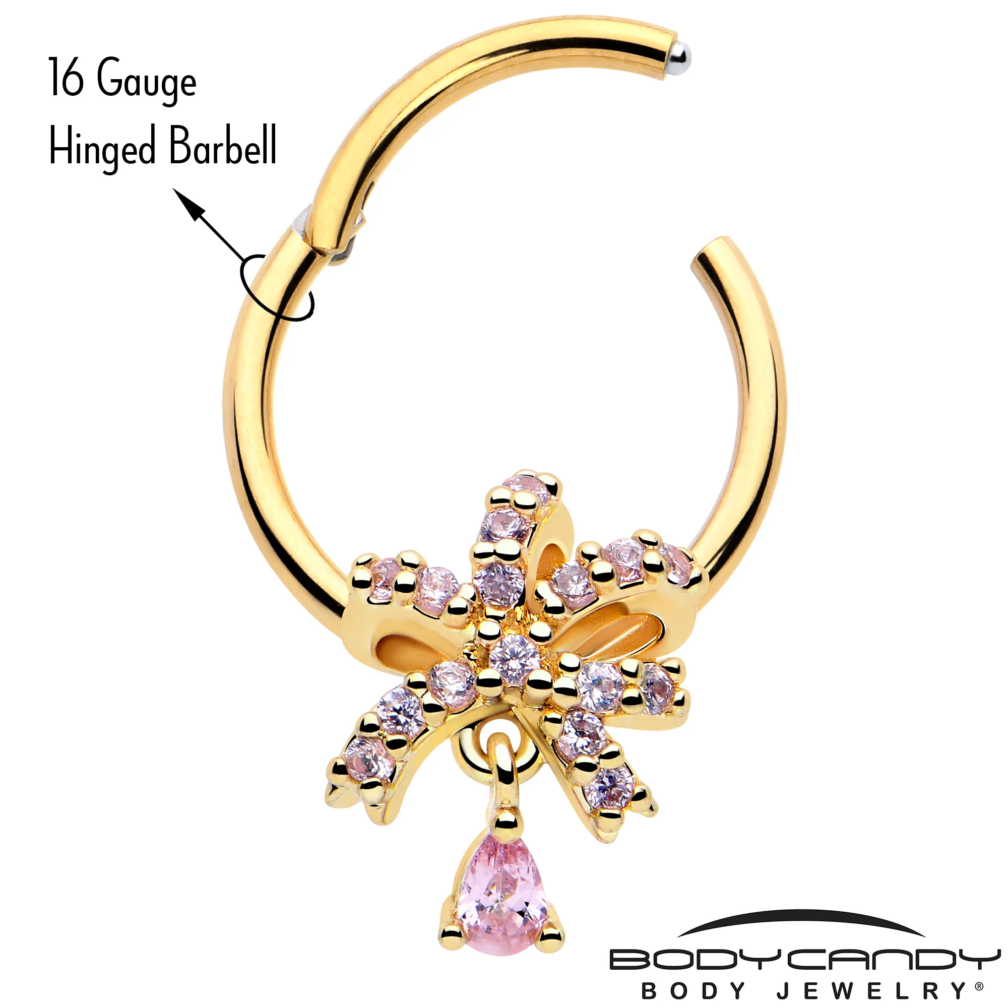 16G 3/8 Pink CZ Gem Gold Tone Ribbon Splendor Dangle Hinged Segment Ring - Image 3