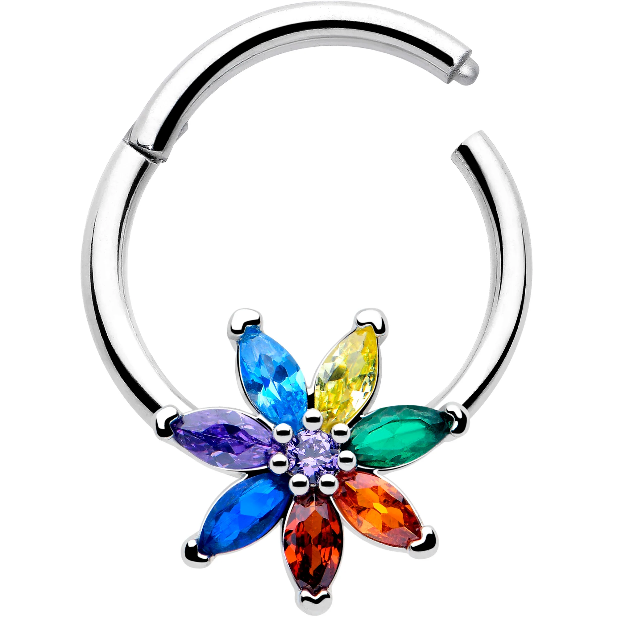 16G 3/8 Red Blue CZ Gem Rainbow Flower Hinged Segment Ring - Image 2