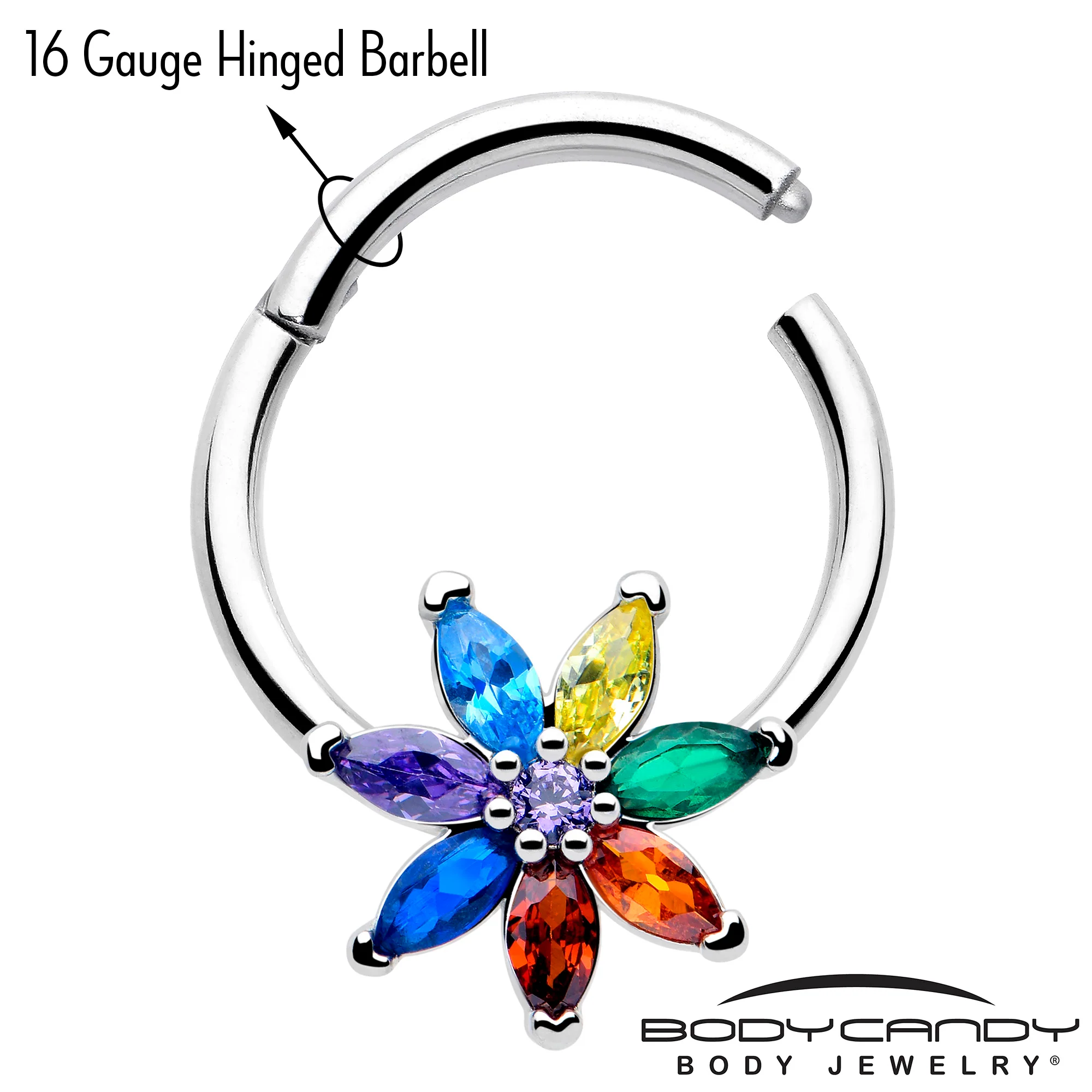 16G 3/8 Red Blue CZ Gem Rainbow Flower Hinged Segment Ring - Image 3