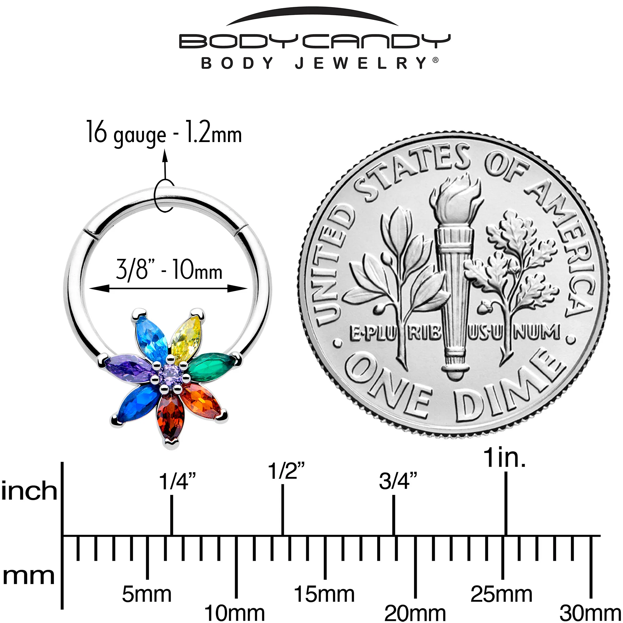 16G 3/8 Red Blue CZ Gem Rainbow Flower Hinged Segment Ring - Image 4