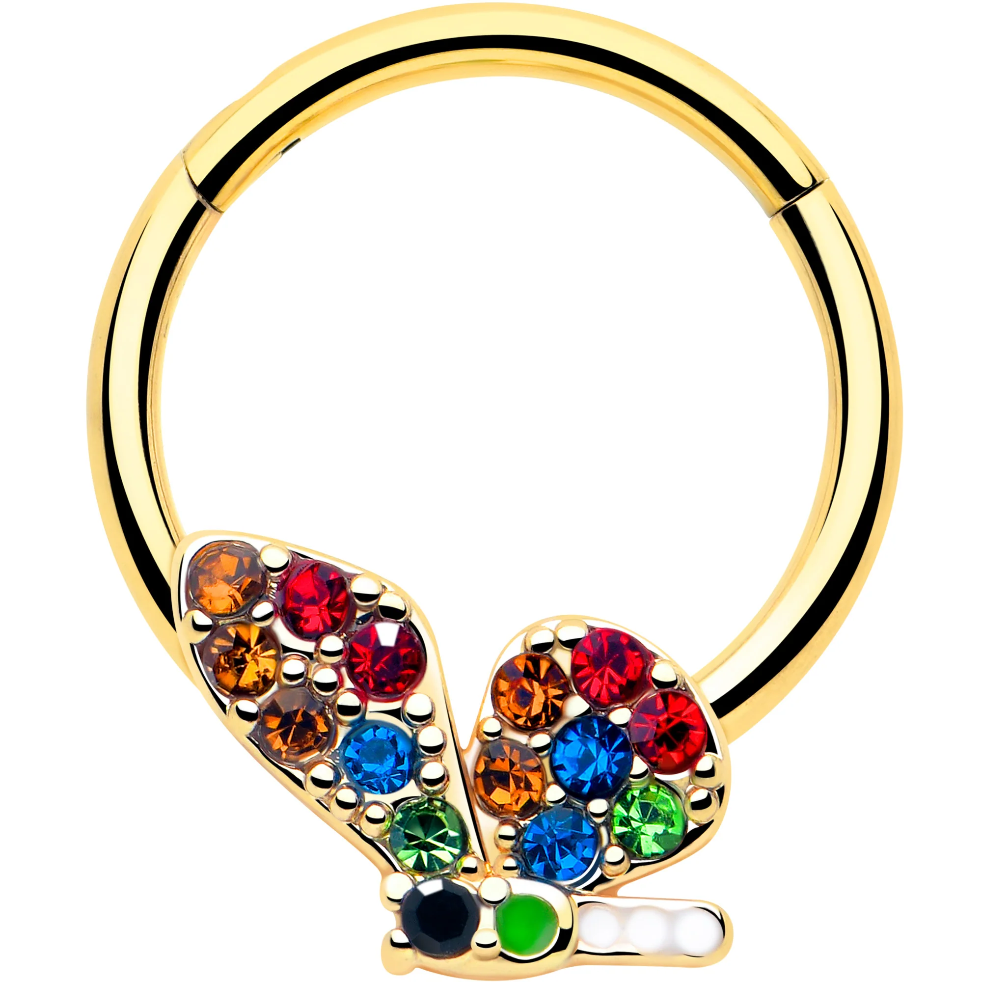 16G 3/8 Red Blue Gem Gold Tone Butterfly Hinged Segment Ring
