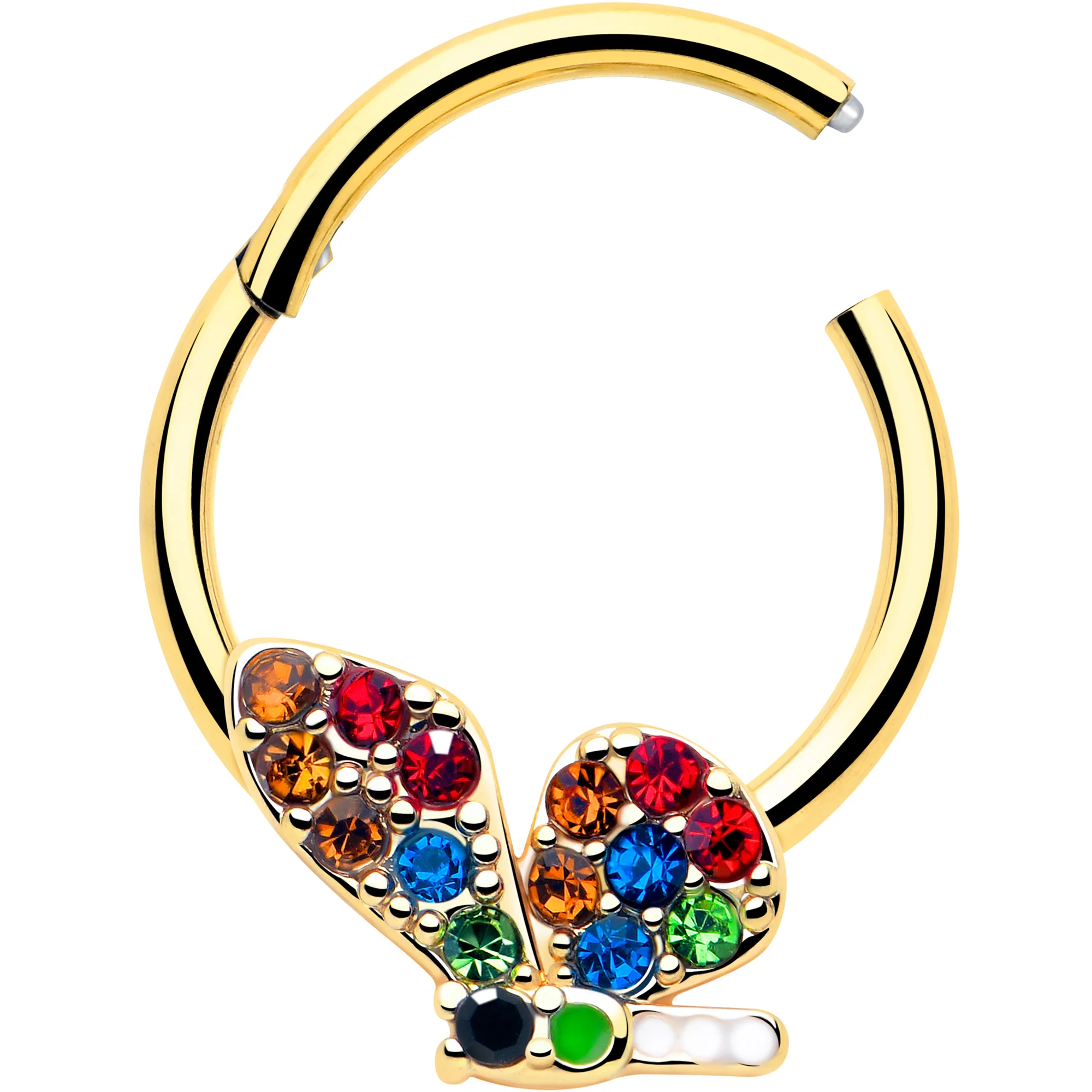 16G 3/8 Red Blue Gem Gold Tone Butterfly Hinged Segment Ring - Image 2