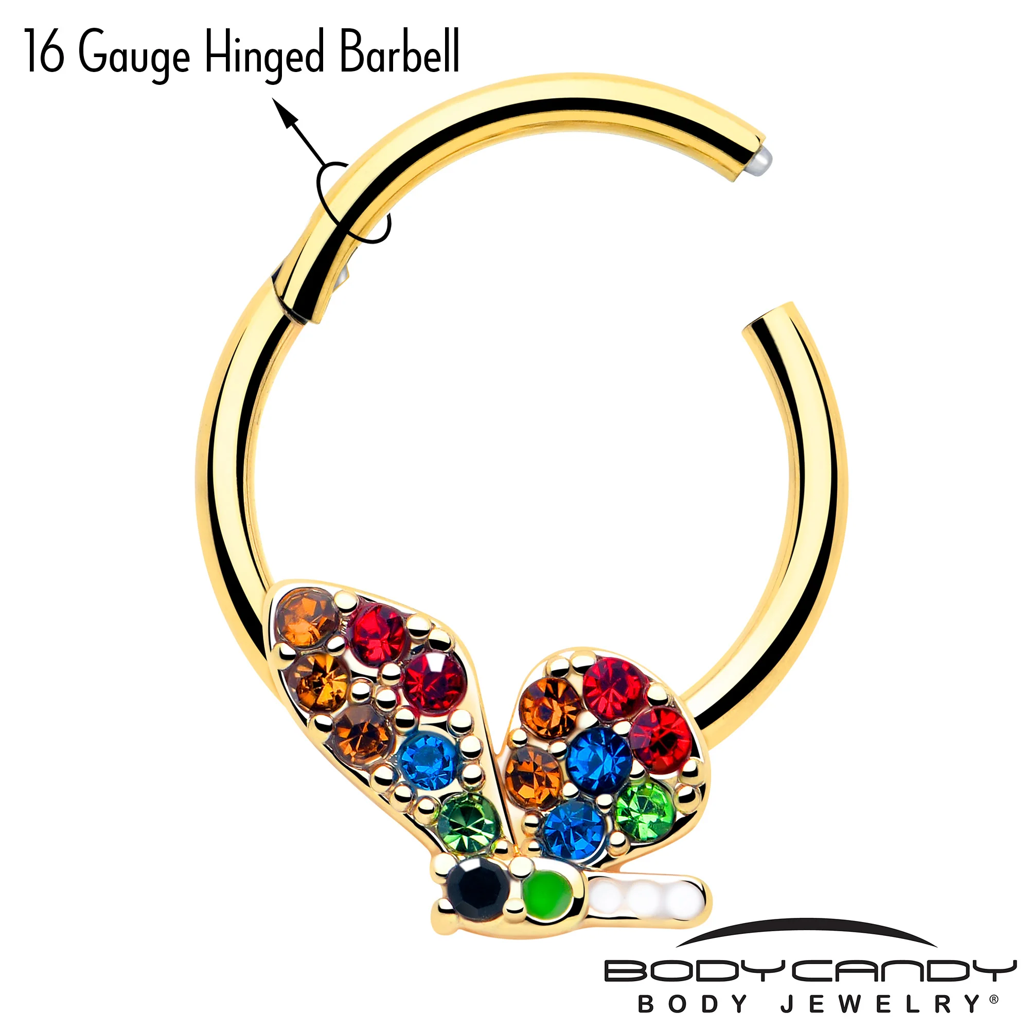 16G 3/8 Red Blue Gem Gold Tone Butterfly Hinged Segment Ring - Image 3