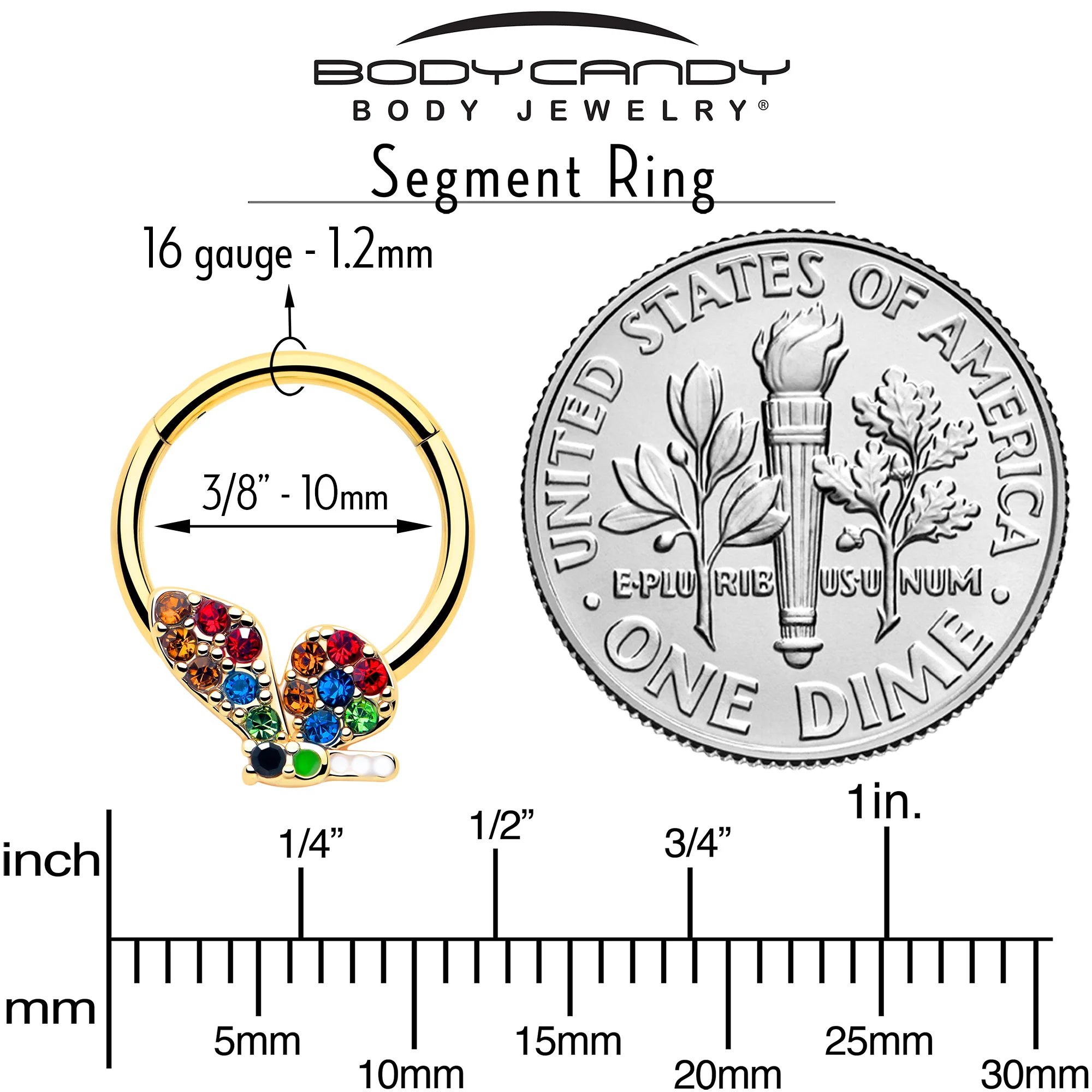 16G 3/8 Red Blue Gem Gold Tone Butterfly Hinged Segment Ring - Image 5