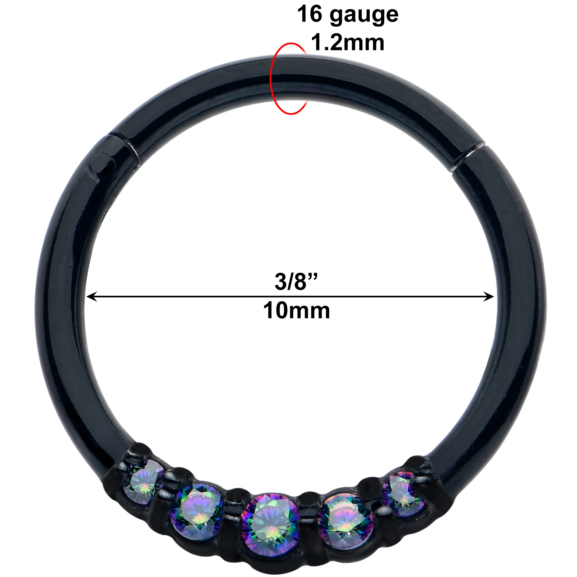 16G 3/8 Vitrail CZ Gem Black Five Forward Facing Hinged Segment Ring - Image 4