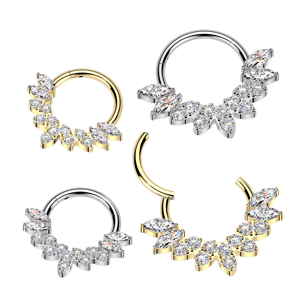 16G 5/16 Clear CZ Gem Implant Grade Titanium Forward Facing 9 Drop Fan Hinged Segment Ring
