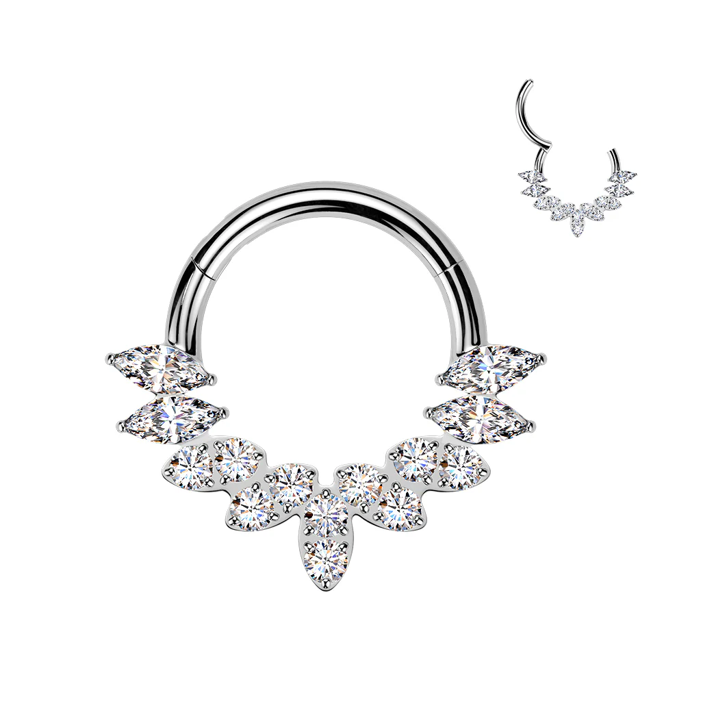 16G 5/16 Clear CZ Gem Implant Grade Titanium Forward Facing 9 Drop Fan Hinged Segment Ring - Image 2