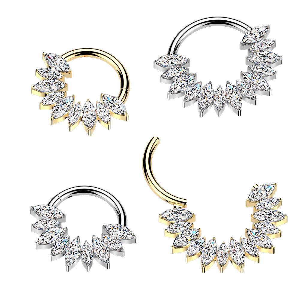 16G 5/16 Clear CZ Gem Implant Grade Titanium Forward Facing Glam Fan Hinged Segment Ring