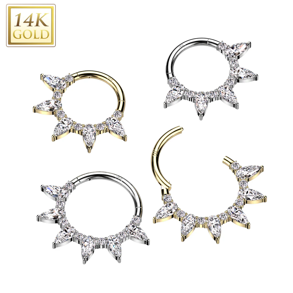 16G 5/16 Clear CZ Gem Solid 14k Gold 5 Tear Drop Fan Hinged Segment Ring