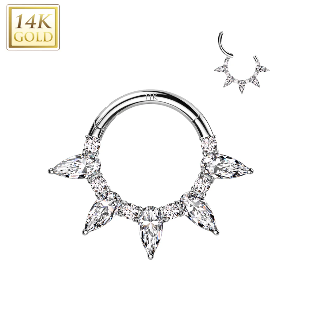 16G 5/16 Clear CZ Gem Solid 14k Gold 5 Tear Drop Fan Hinged Segment Ring - Image 2