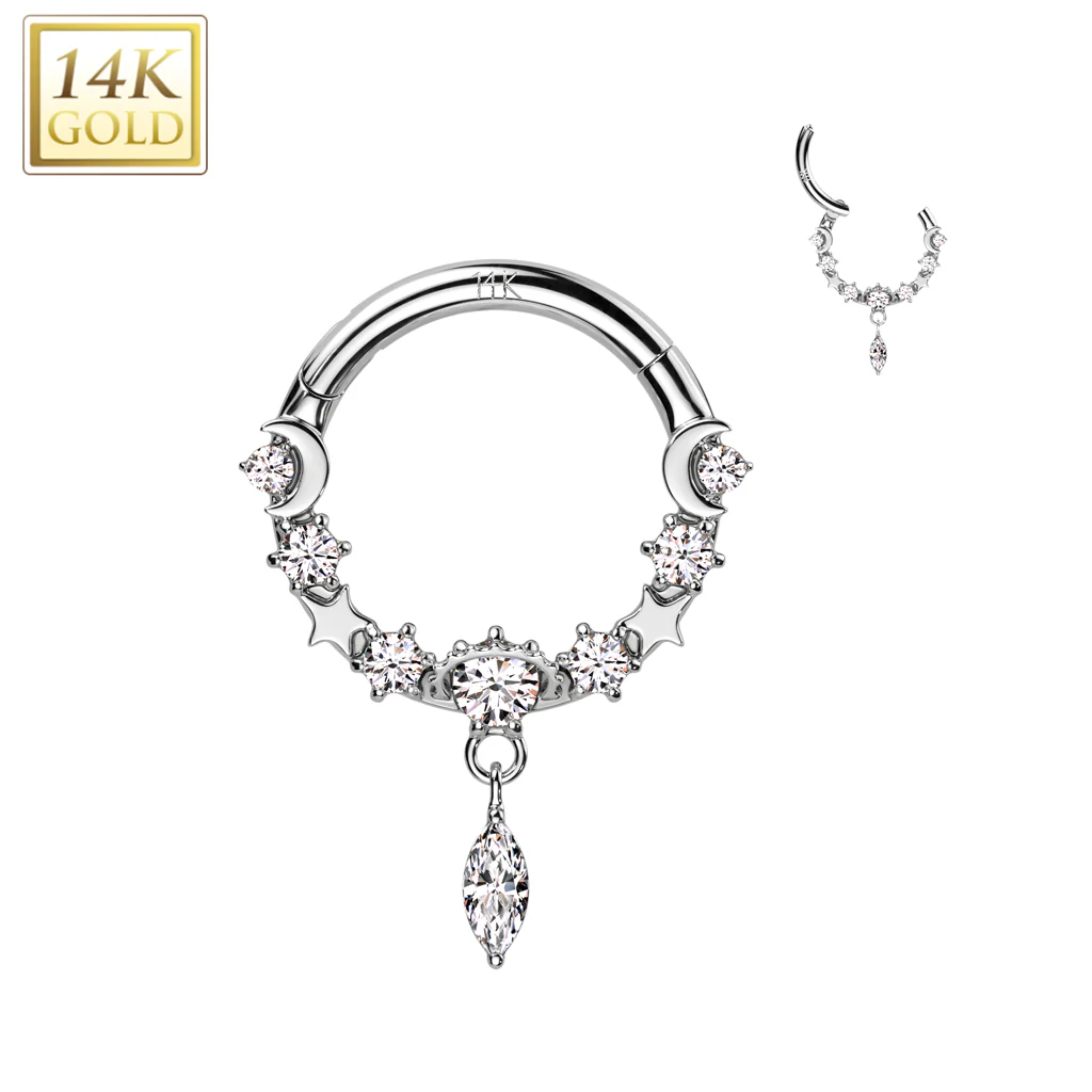 16G 5/16 Clear CZ Gem Solid 14k Gold Celestial Dangle Hinged Segment Ring - Image 2