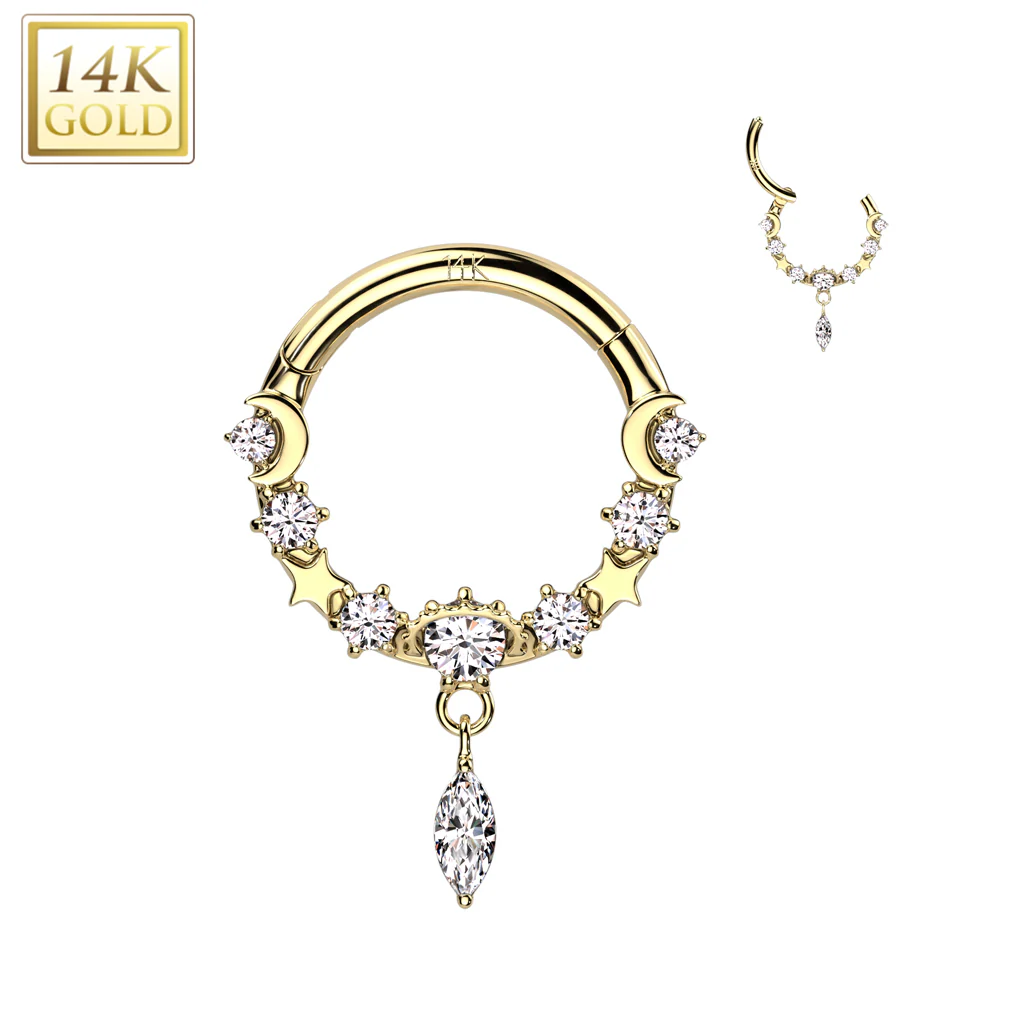 16G 5/16 Clear CZ Gem Solid 14k Gold Celestial Dangle Hinged Segment Ring - Image 3