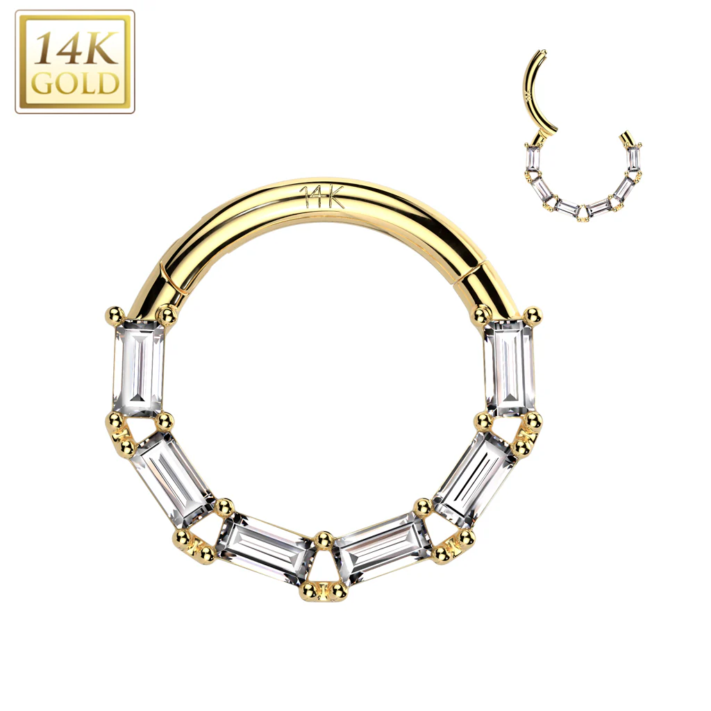 16G 5/16 Clear CZ Gem Solid 14k Gold Forward Facing Baguette Hinged Segment Ring - Image 3