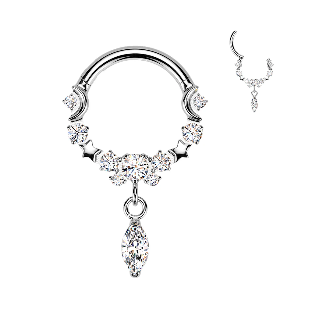 16G 5/16 CZ Gem Implant Grade Titanium Forward Facing Moons Dangle Hinged Segment Ring - Image 2