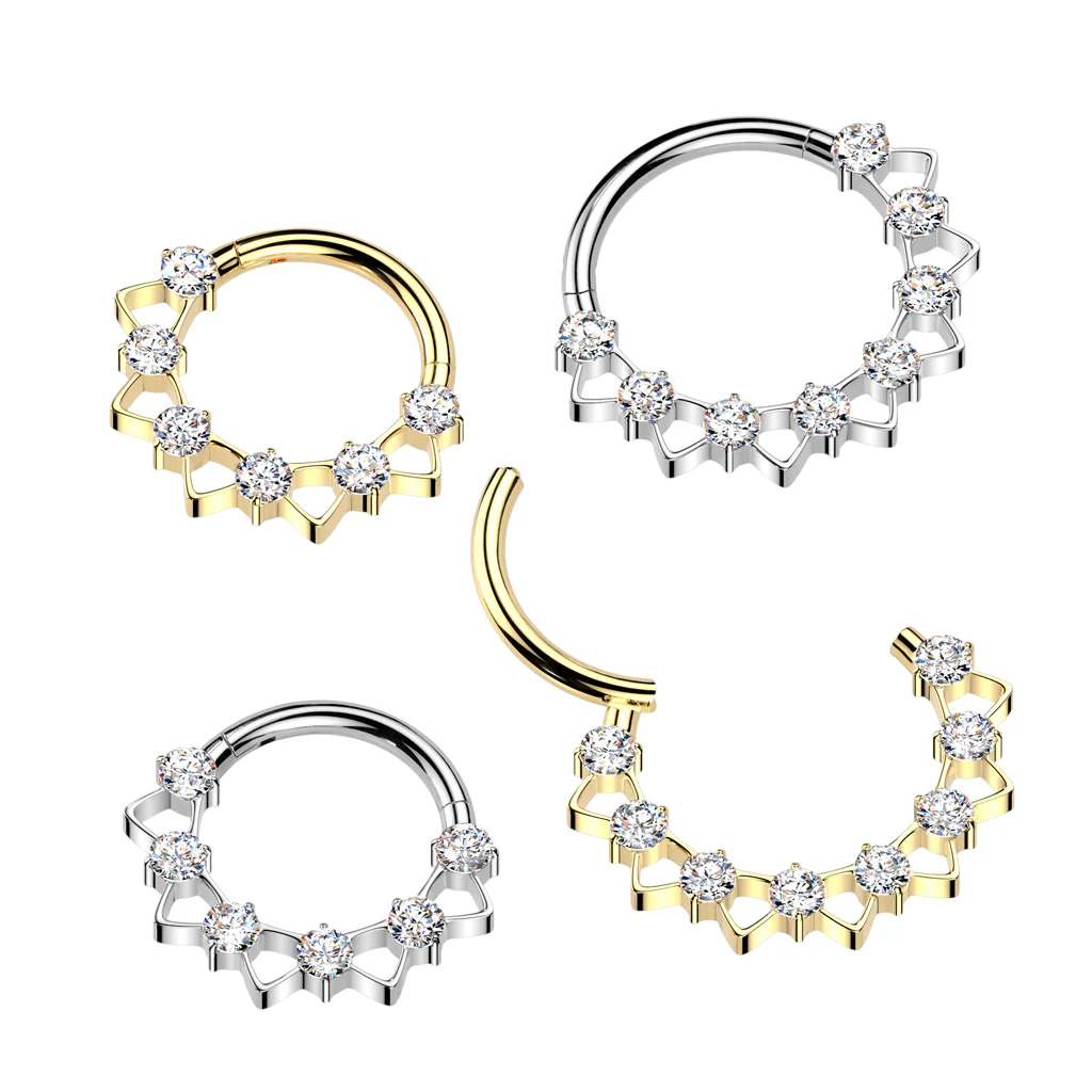 16G 5/16 CZ Gem Implant Grade Titanium Forward Facing Triangles Hinged Segment Ring