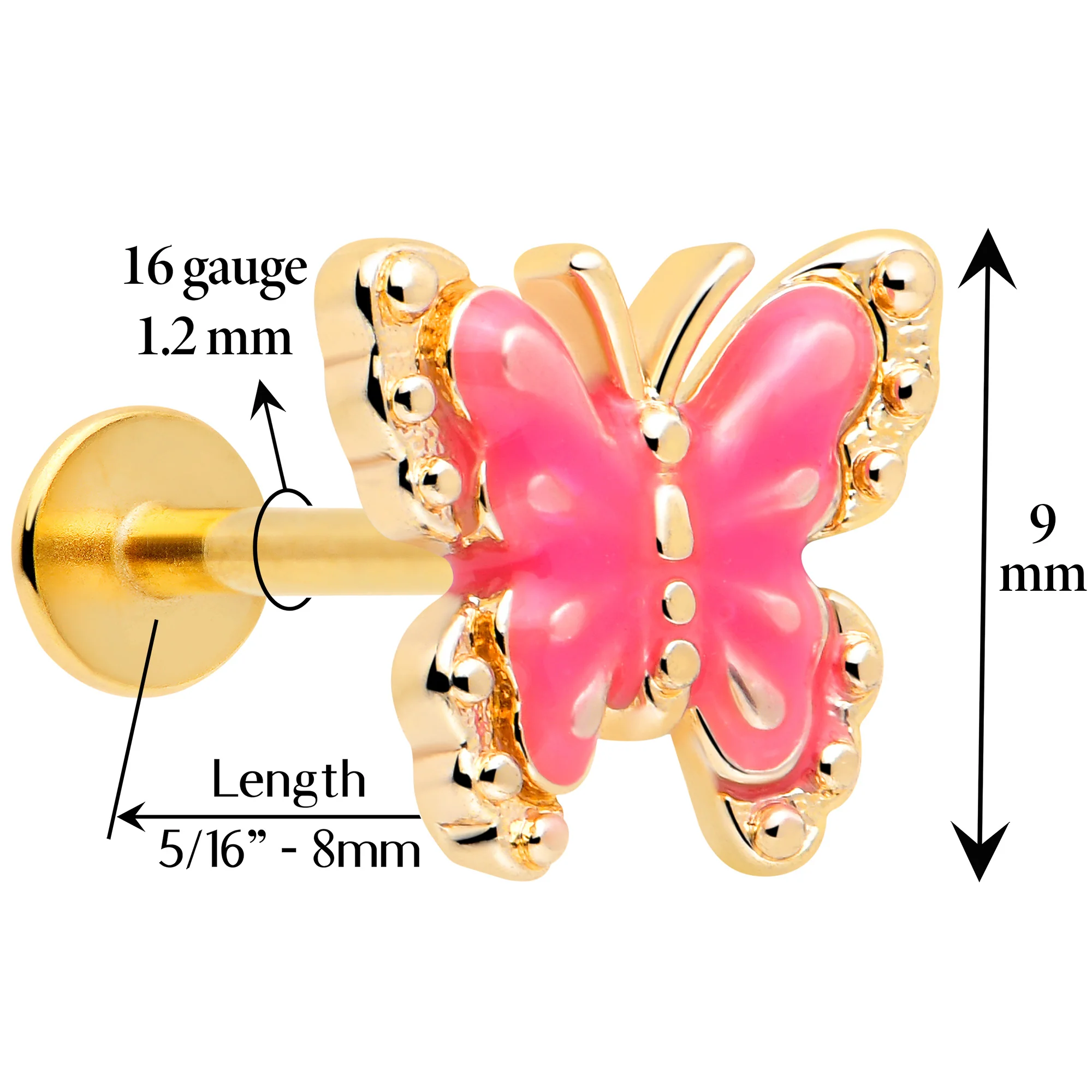 16G 5/16 Gold Tone Butterfly Pink Splash Labret Monroe Tragus - Image 2