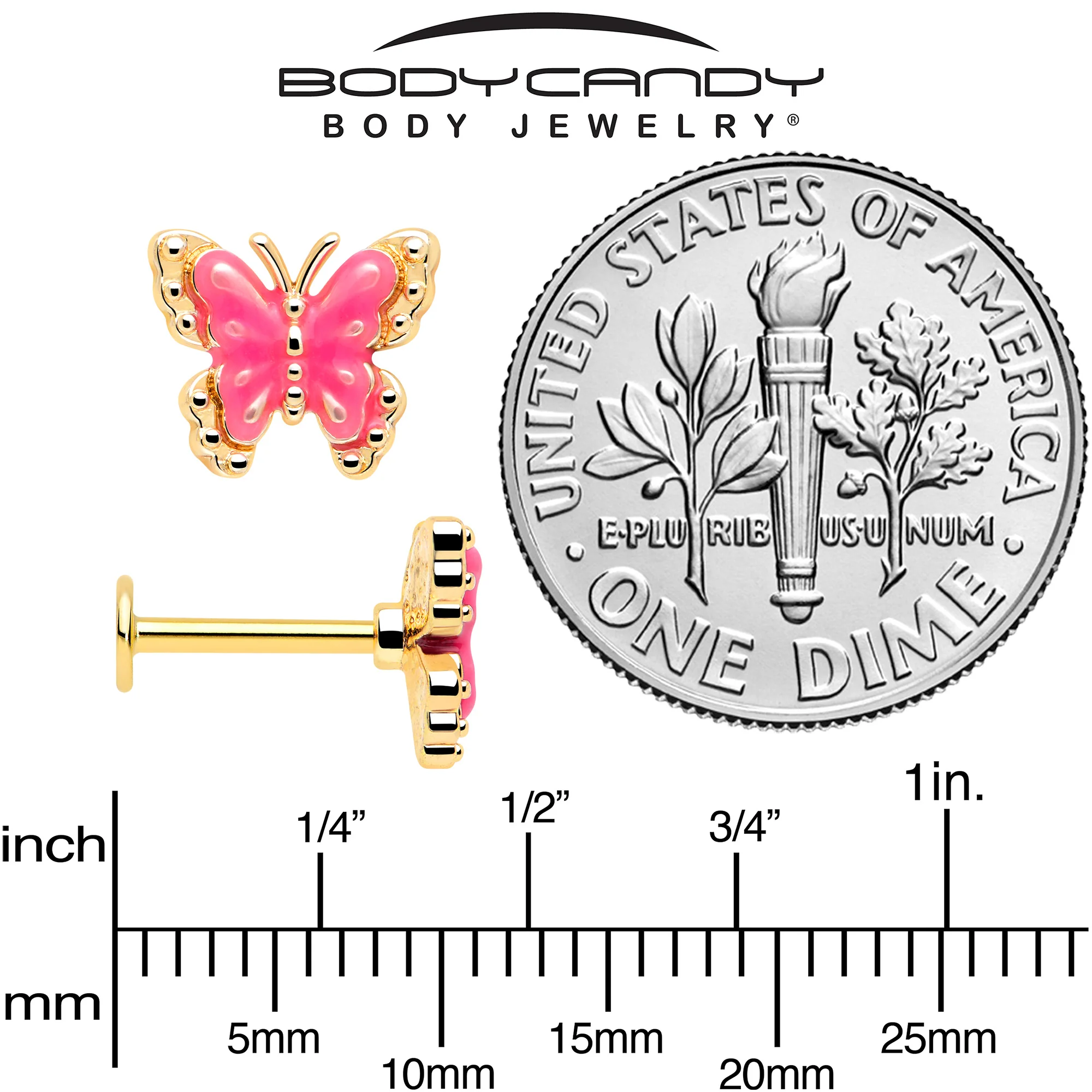 16G 5/16 Gold Tone Butterfly Pink Splash Labret Monroe Tragus - Image 5