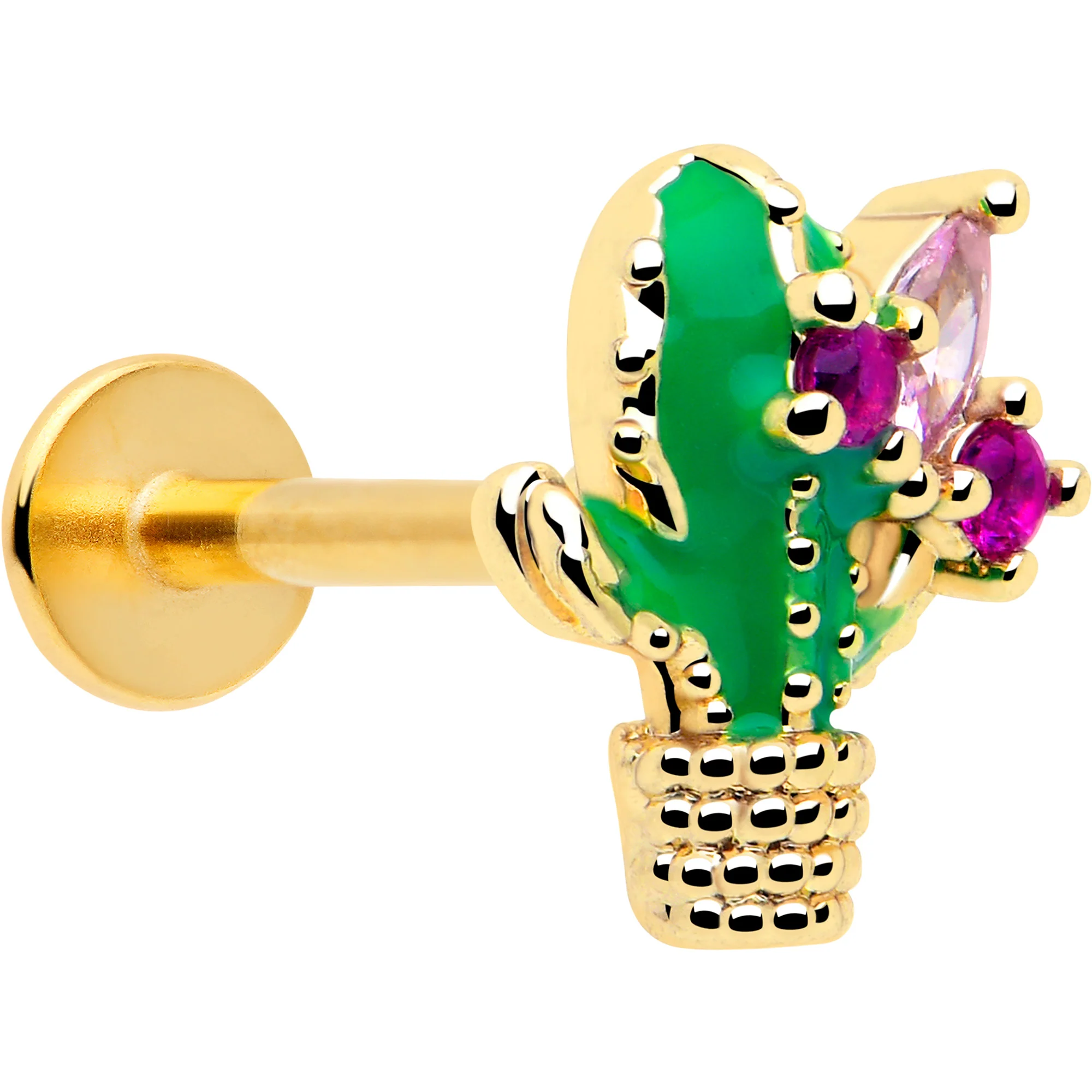 16G 5/16 Pink CZ Gem Gold Tone Floral Cactus Labret Monroe Tragus