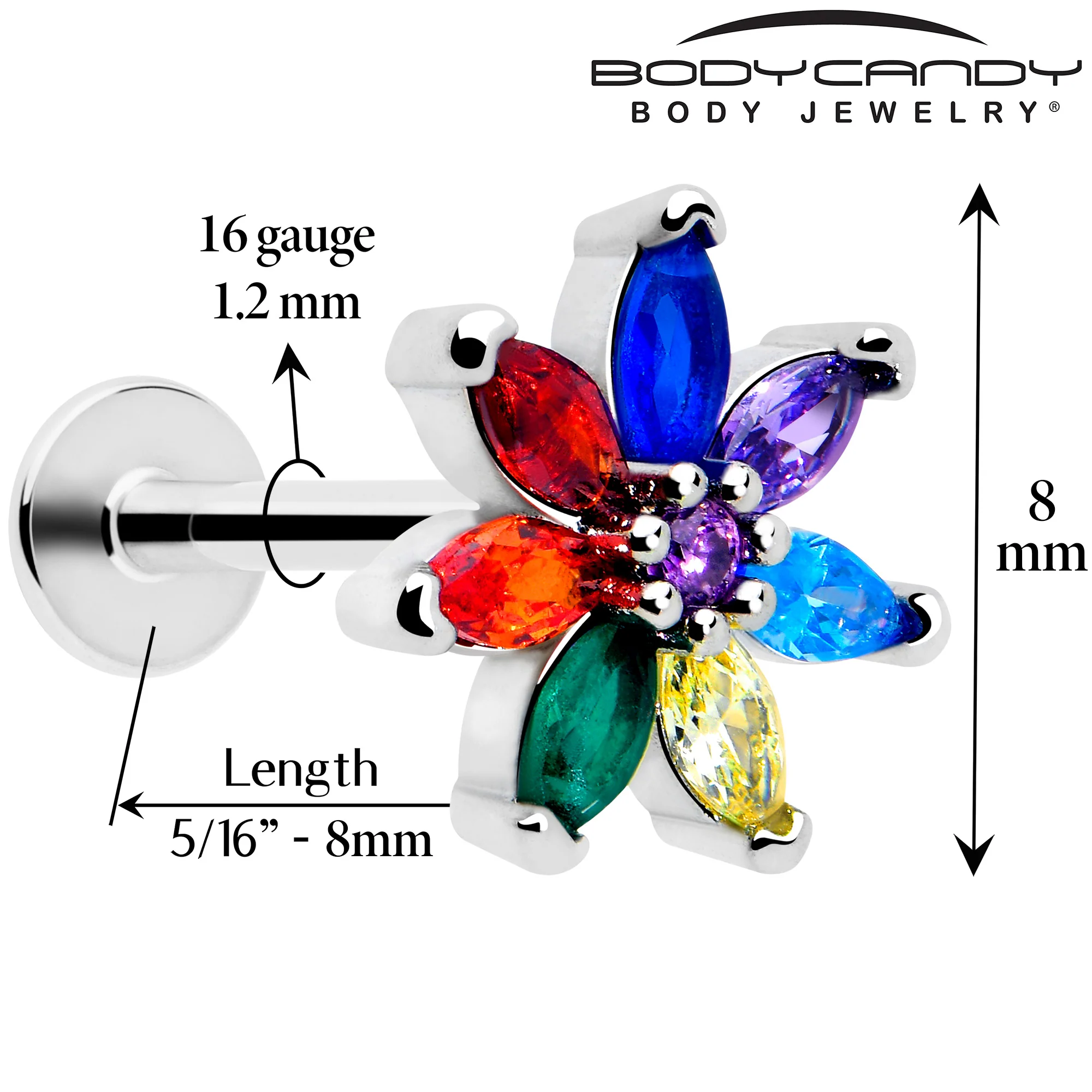 16G 5/16 Red Blue CZ Gem Rainbow Flower Labret Monroe Tragus - Image 2