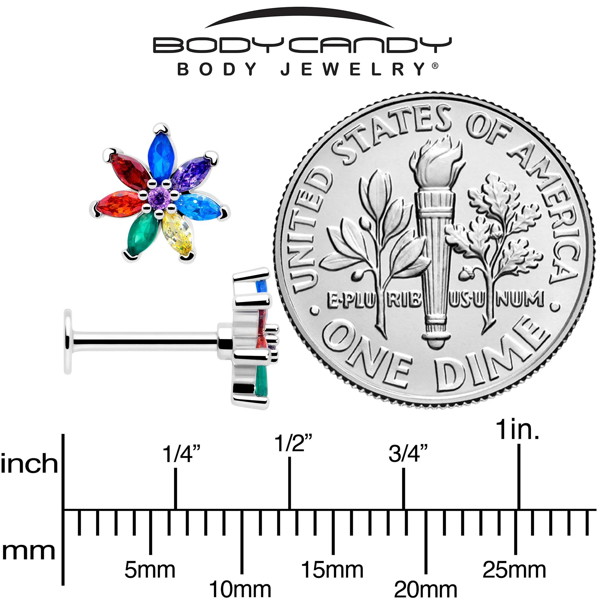 16G 5/16 Red Blue CZ Gem Rainbow Flower Labret Monroe Tragus - Image 5