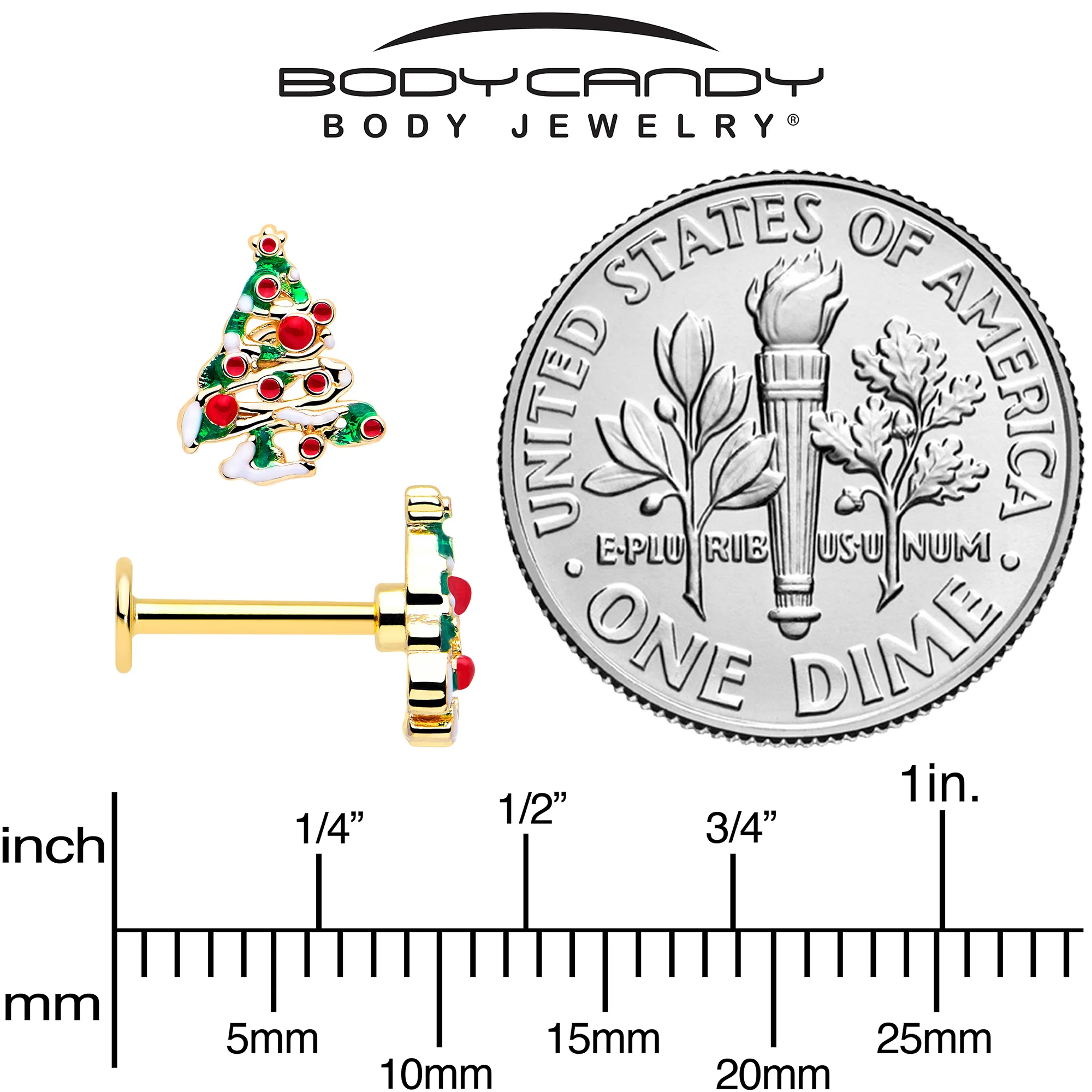 16G 5/16 Red Gem Gold Tone Snowy Christmas Tree Labret Monroe Tragus - Image 5