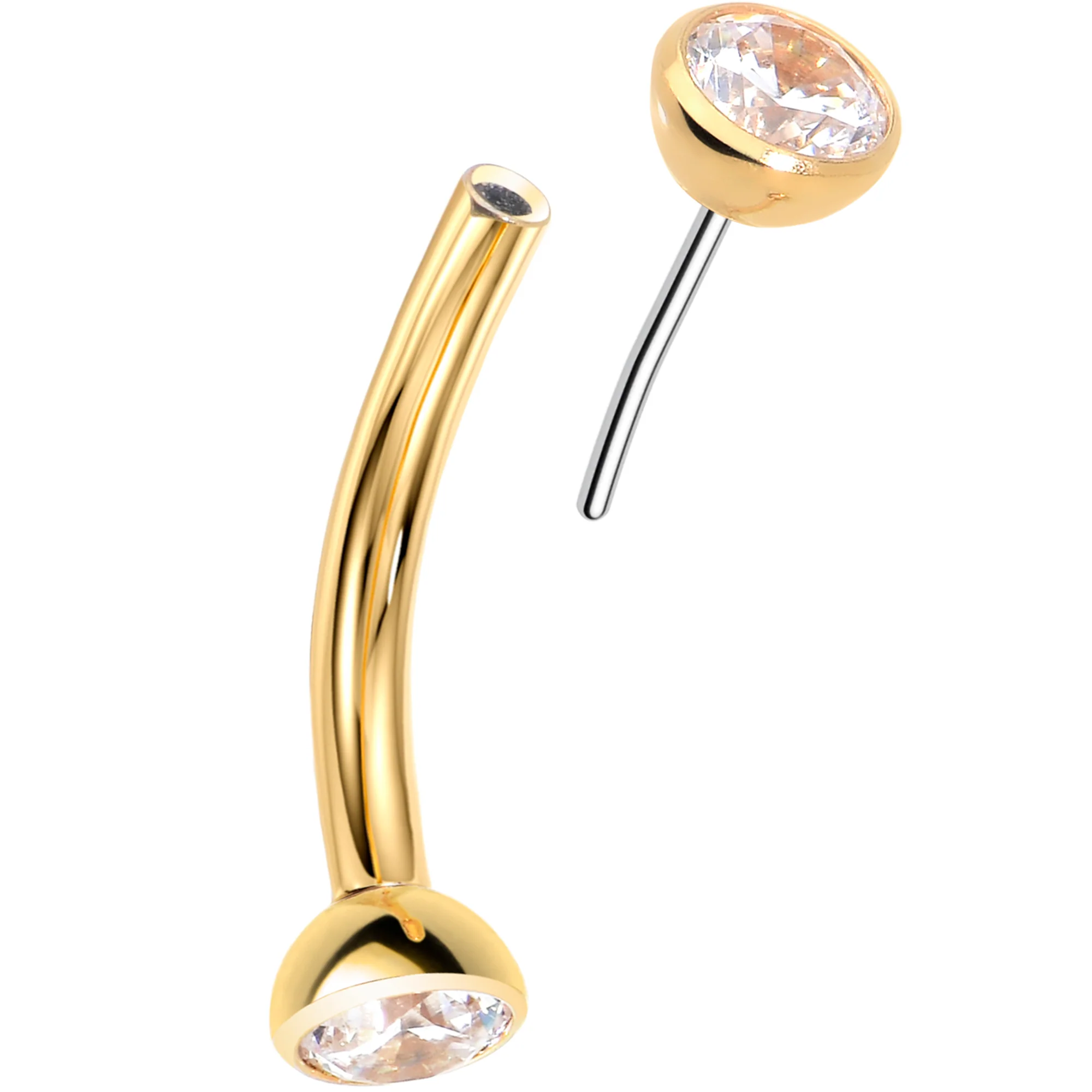 16G Clear CZ Gem Gold Tone Implant Titanium Threadless Curved Eyebrow Ring - Image 2