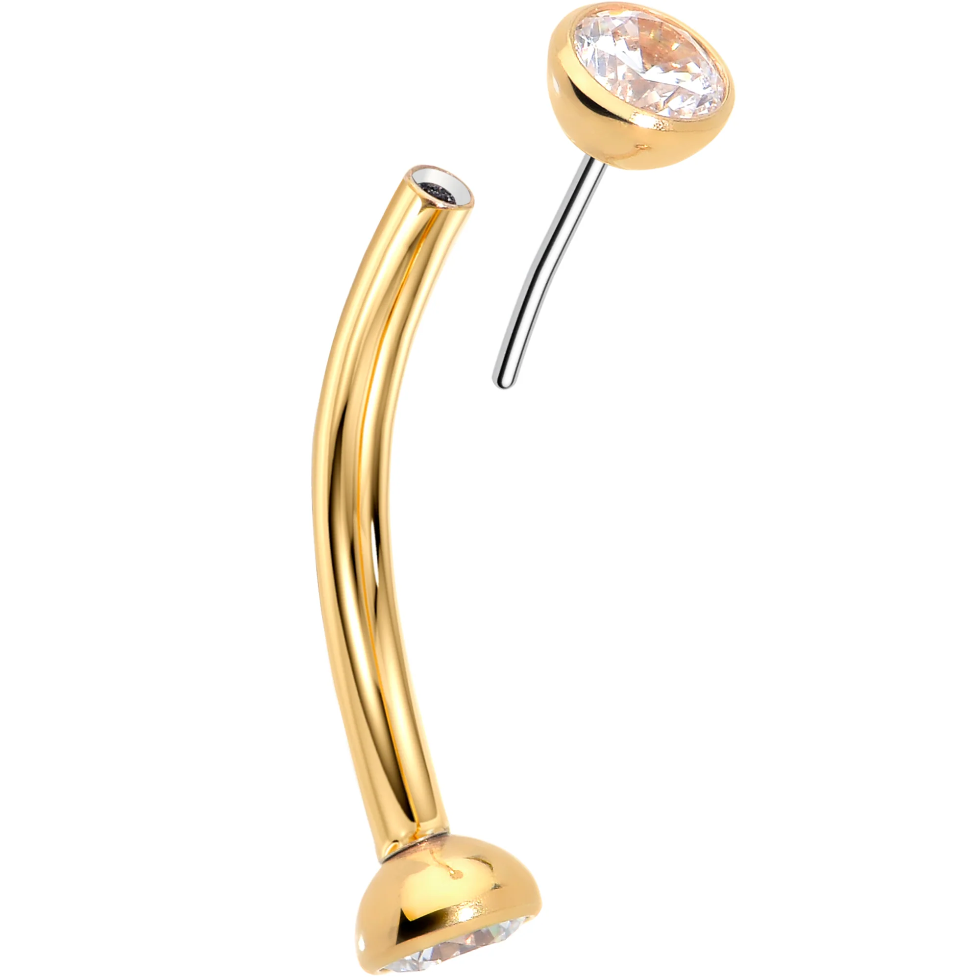 16G Clear CZ Gem Gold Tone Implant Titanium Threadless Curved Eyebrow Ring - Image 6
