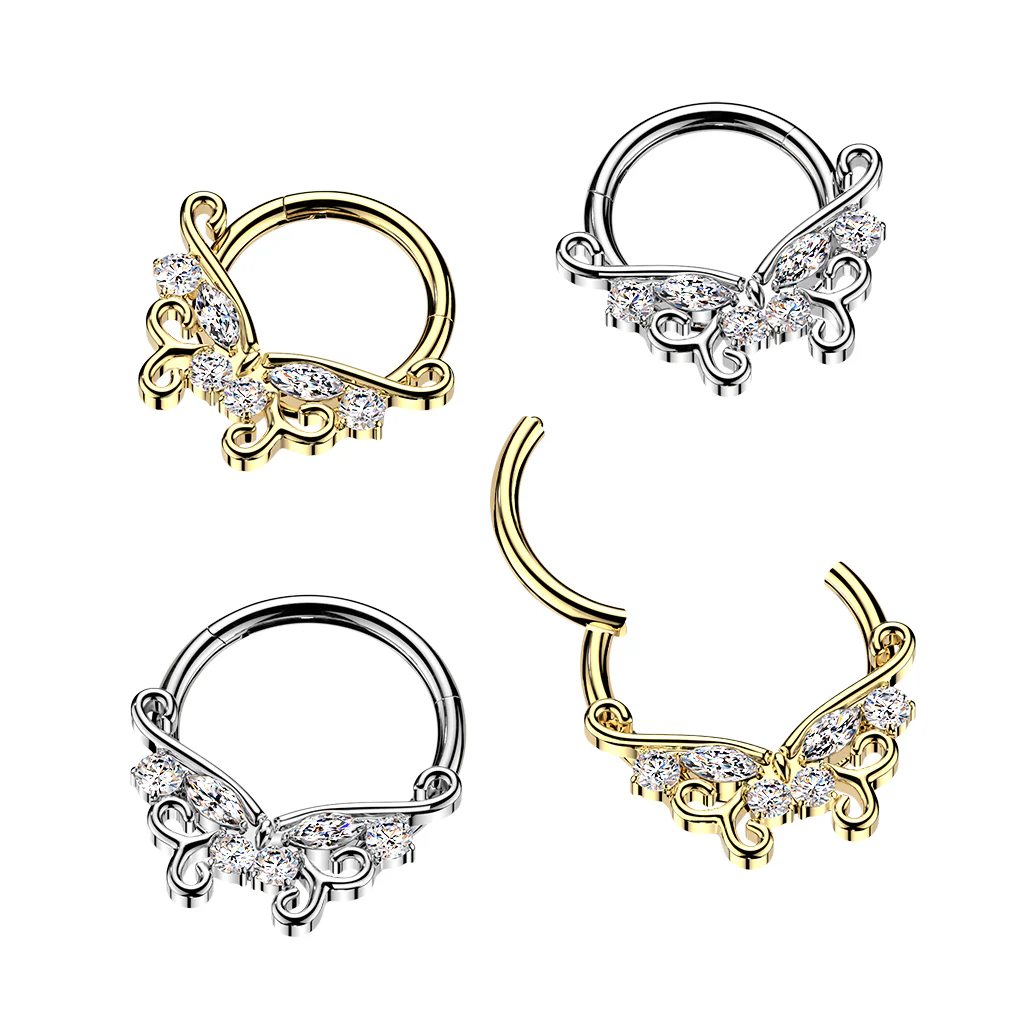 16G Forward Facing CZ Filigree Butterflly Implant Grade Titanium Hinged Segment Ring