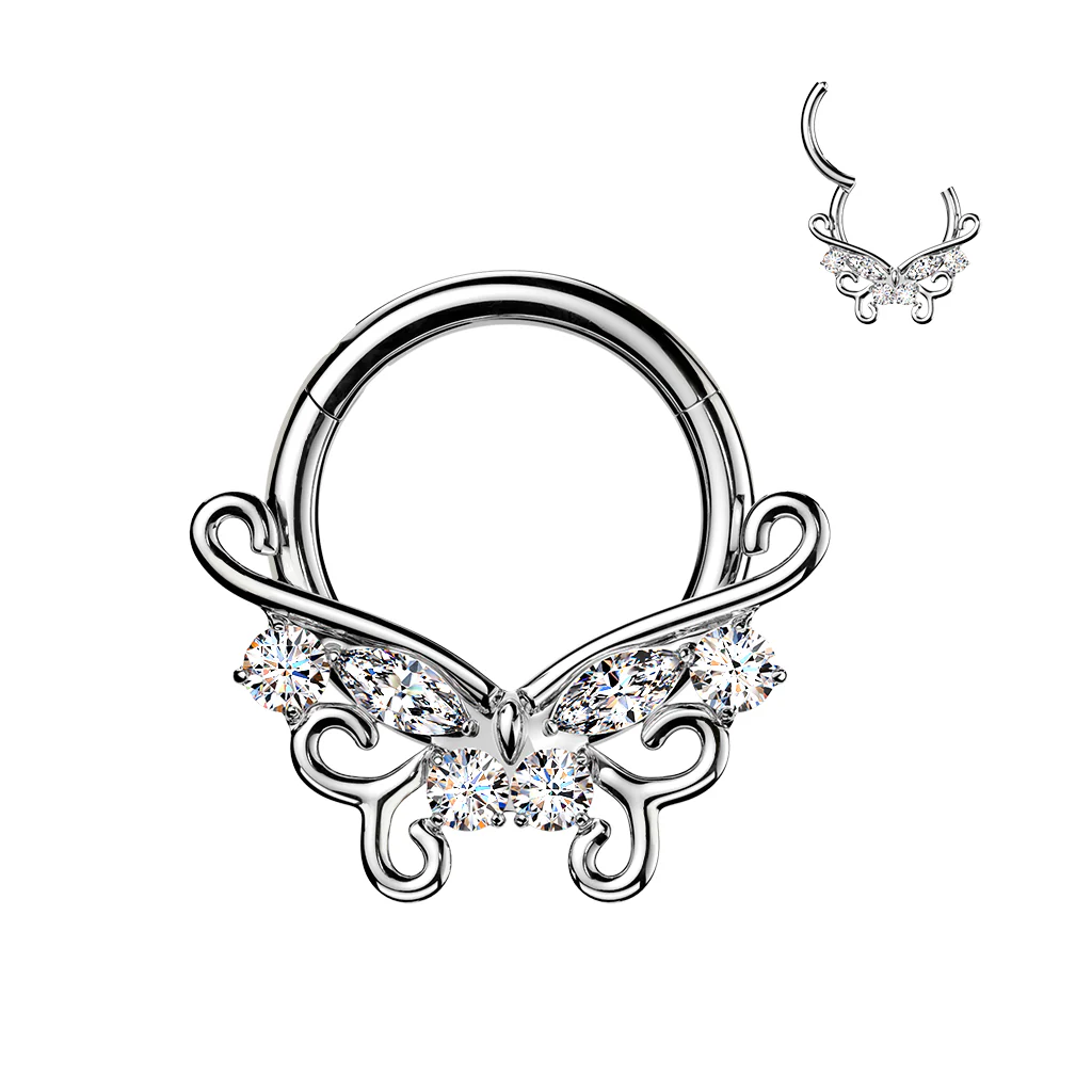 16G Forward Facing CZ Filigree Butterflly Implant Grade Titanium Hinged Segment Ring - Image 2