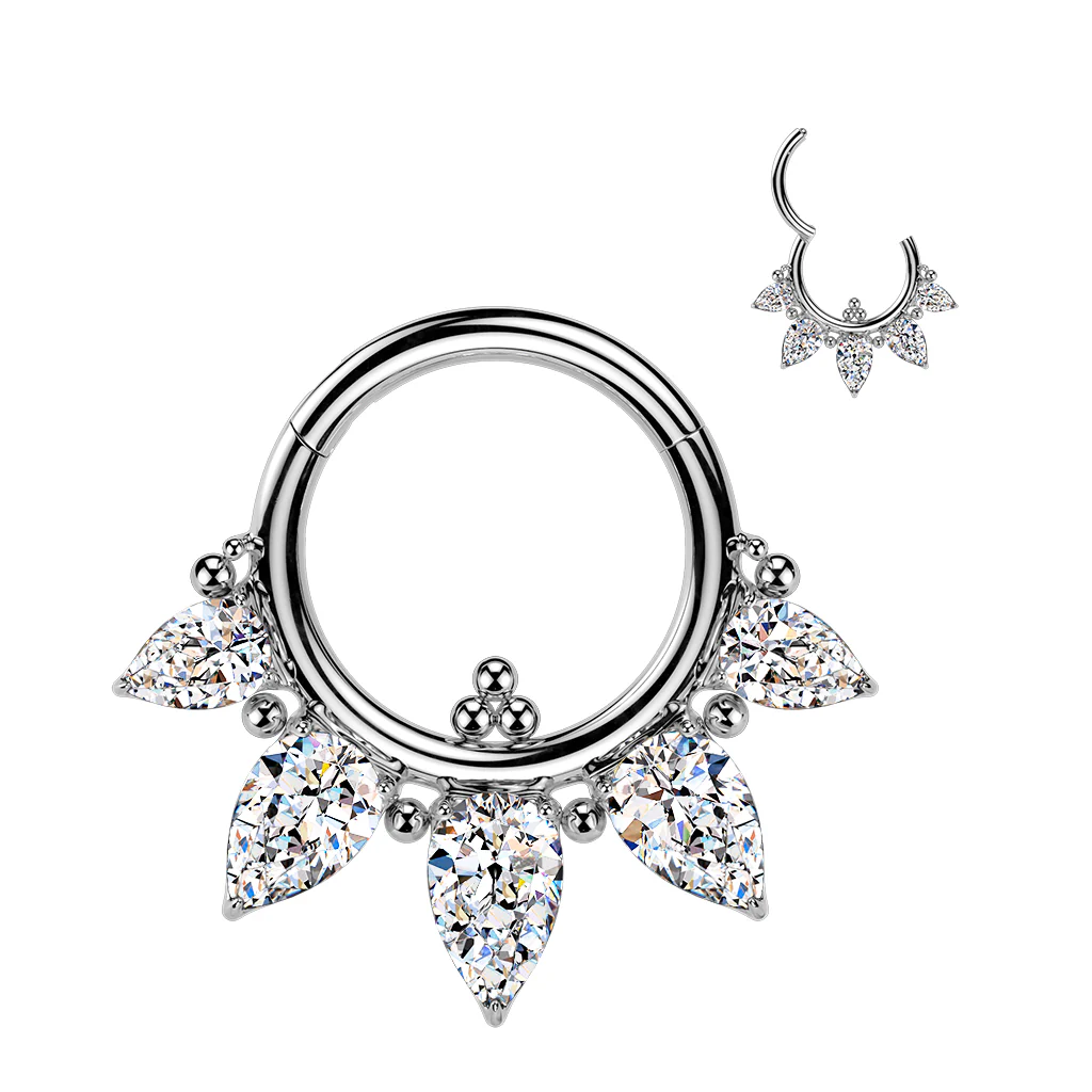16G Implant Grade Titanium Hinged Segment Ring-CZ 5 Pear Drop Ball Glamour Hoop - Image 2