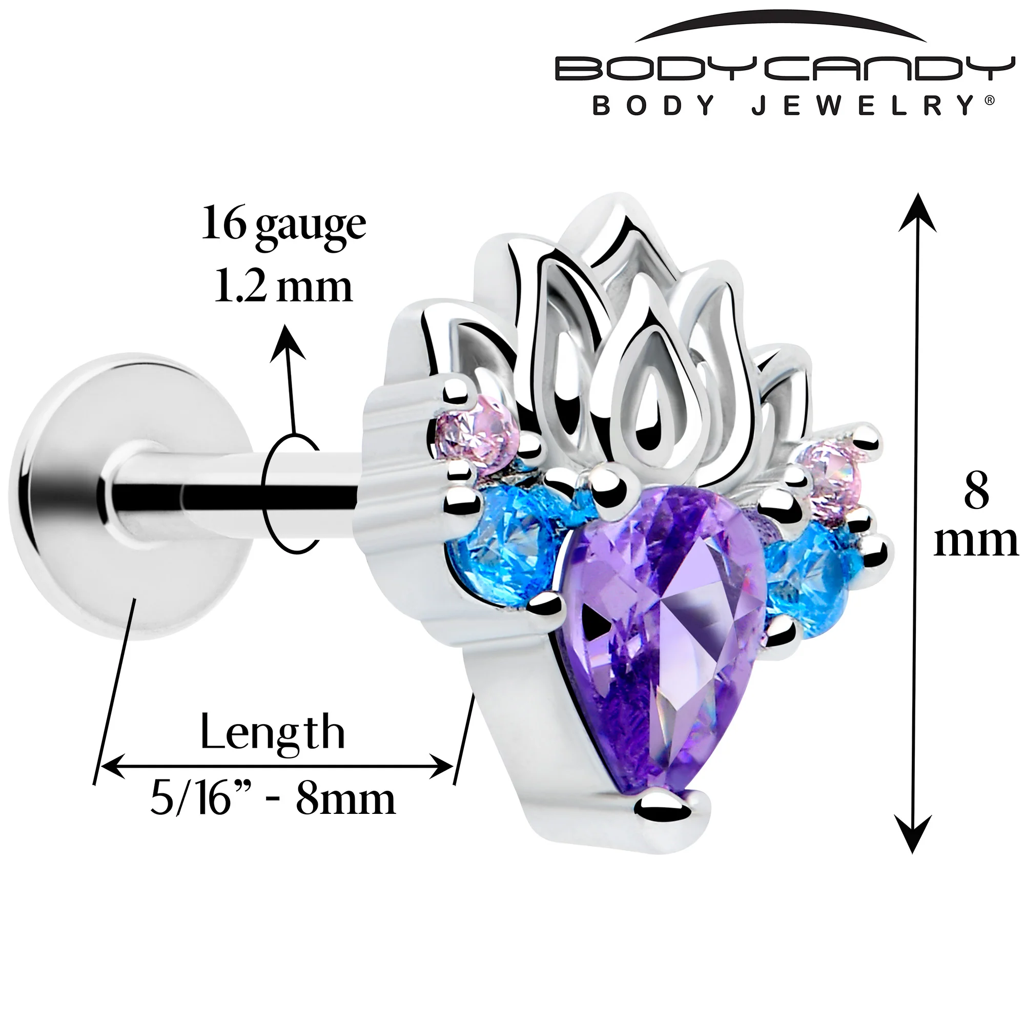 16G Purple CZ Fire Lotus Flat Back Cartilage Tragus Labret - Image 2