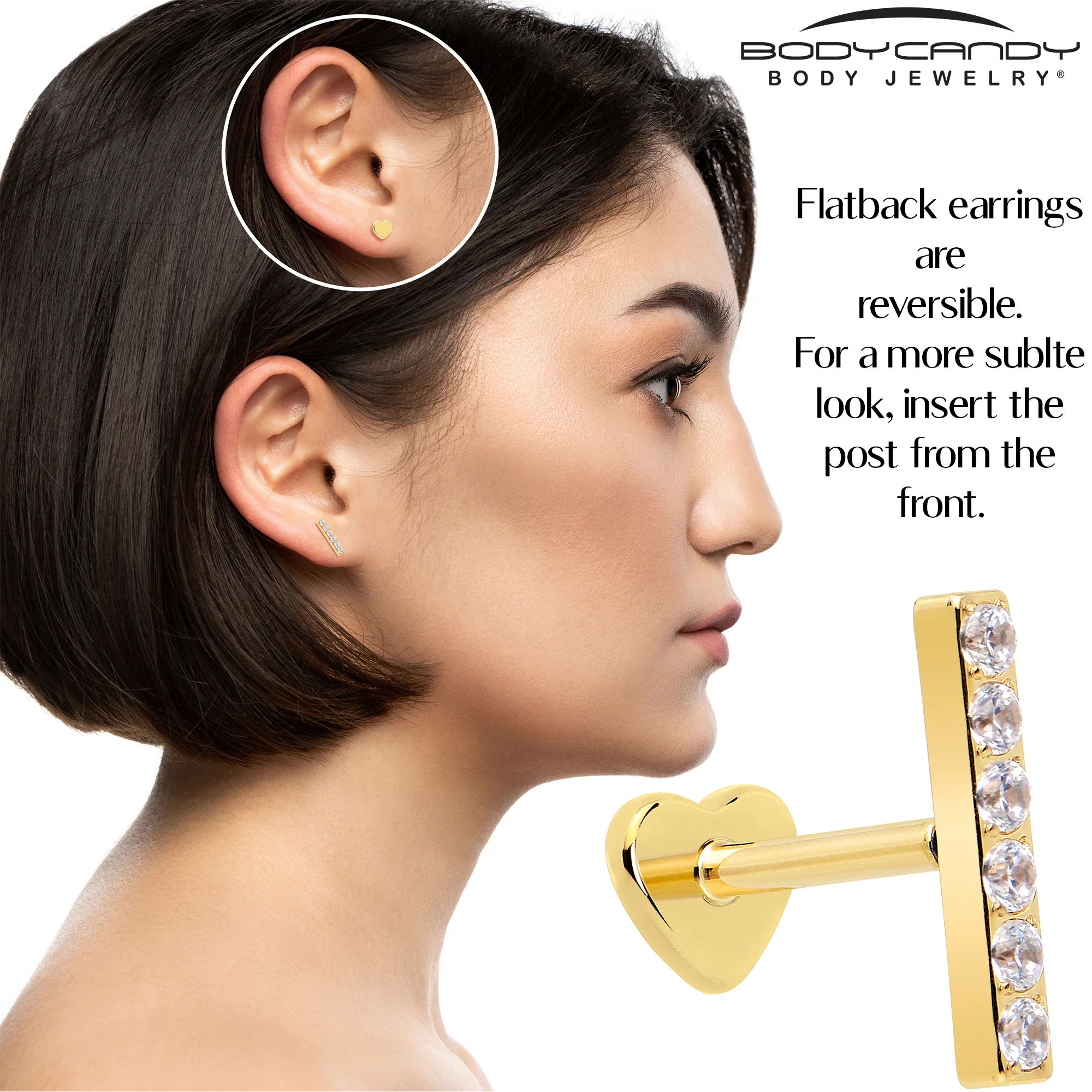18G 1/4 Clear Gem Gold Plated Implant Grade Titanium Threadless Bar Flatback Stud - Image 4