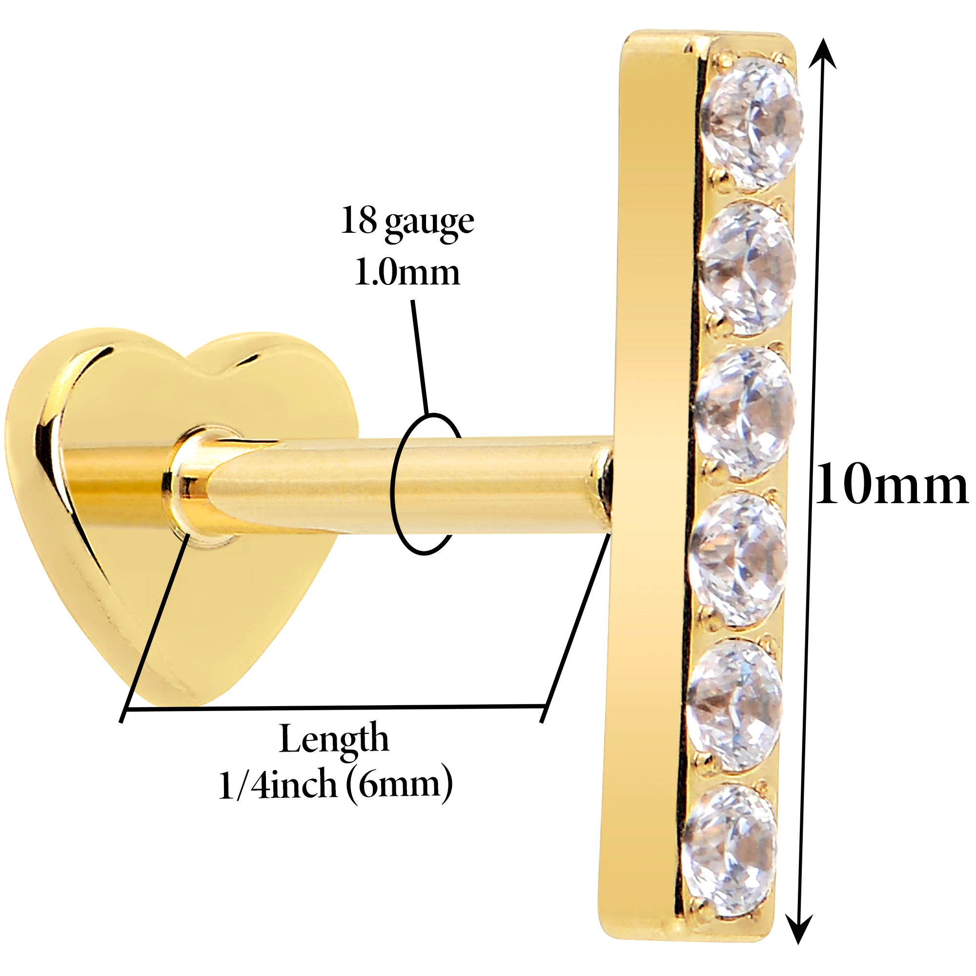 18G 1/4 Clear Gem Gold Plated Implant Grade Titanium Threadless Bar Flatback Stud - Image 6