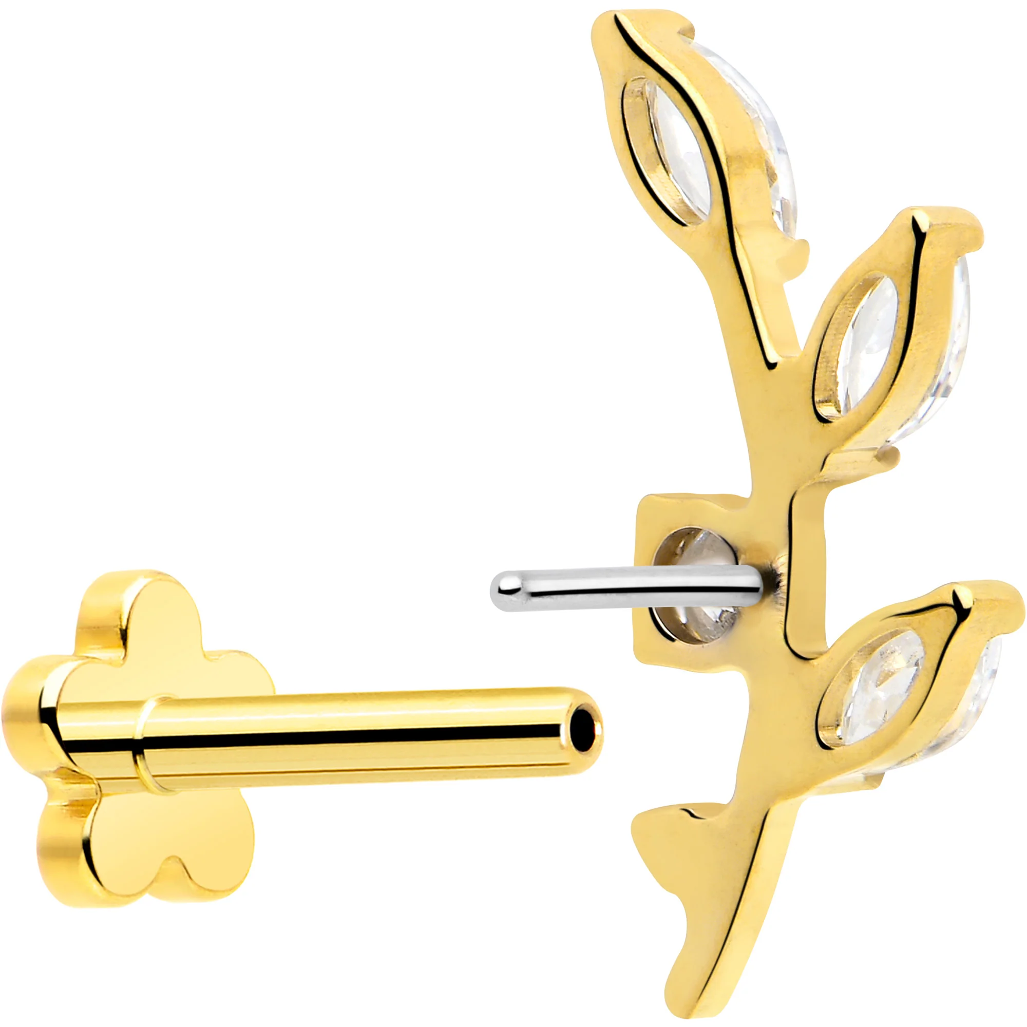 18G 1/4 Clear Gem Gold PVD Implant Grade Titanium Leaves Threadless Flatback Earring - Image 3