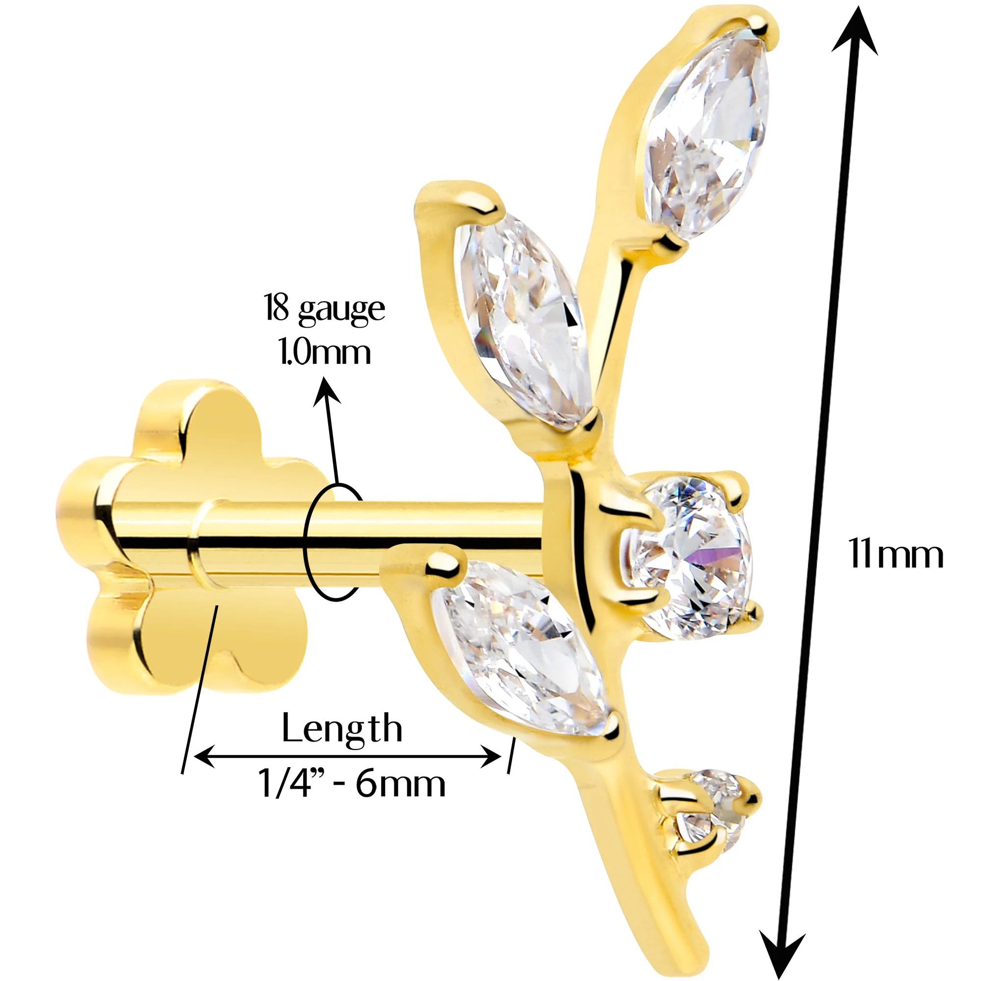 18G 1/4 Clear Gem Gold PVD Implant Grade Titanium Leaves Threadless Flatback Earring - Image 4