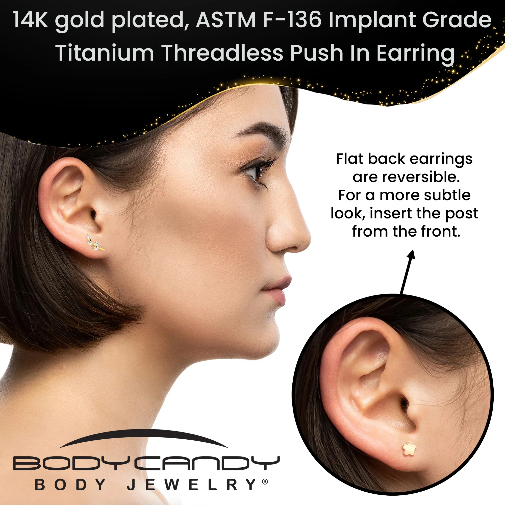 18G 1/4 Clear Gem Gold PVD Implant Grade Titanium Leaves Threadless Flatback Earring - Image 8