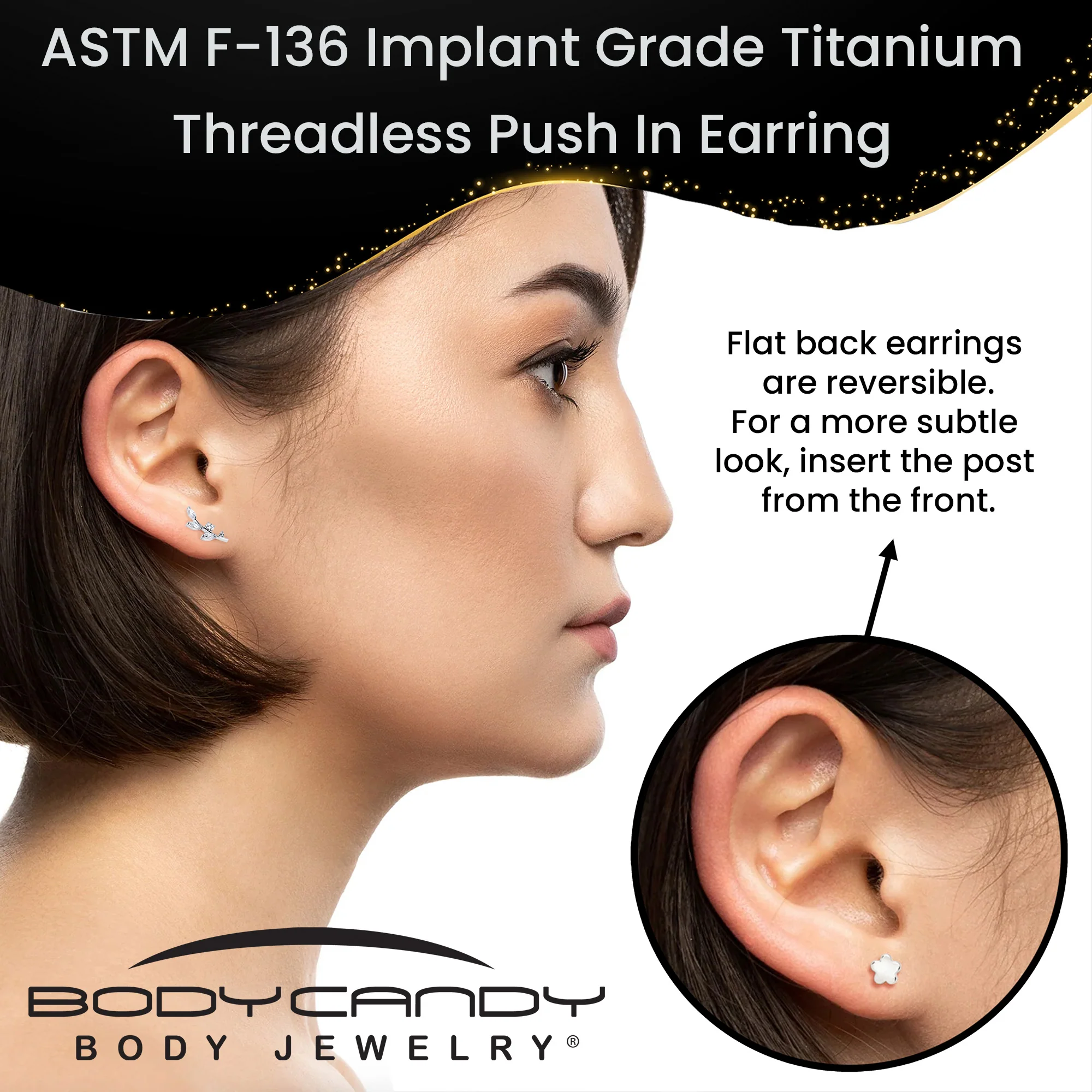 18G 1/4 Clear Gem Implant Grade Titanium Leaves Threadless Flatback Stud - Image 8