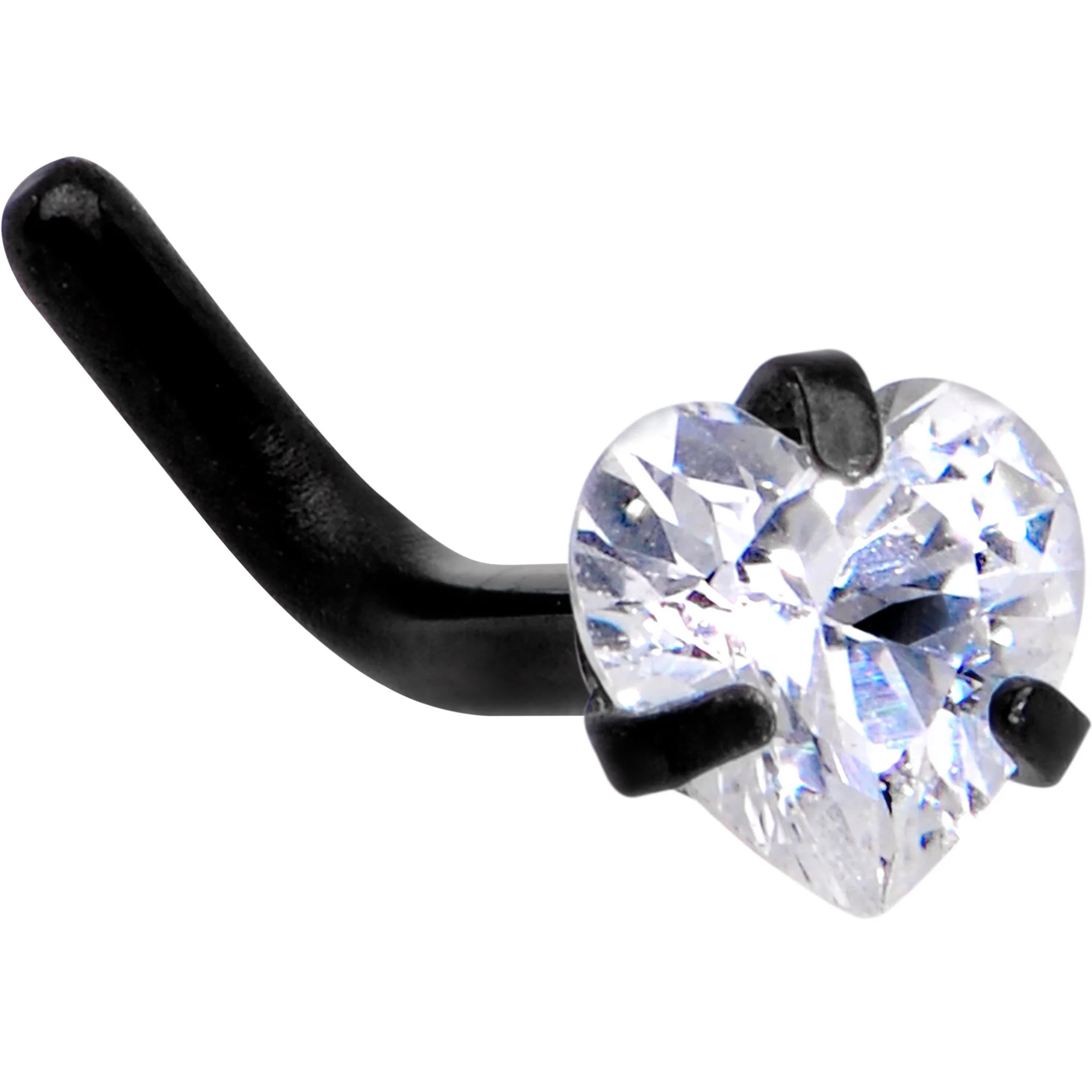 18G 1/4 Clear Heart 3mm CZ Gem Black IP L-Shape Nose Ring - Image 2
