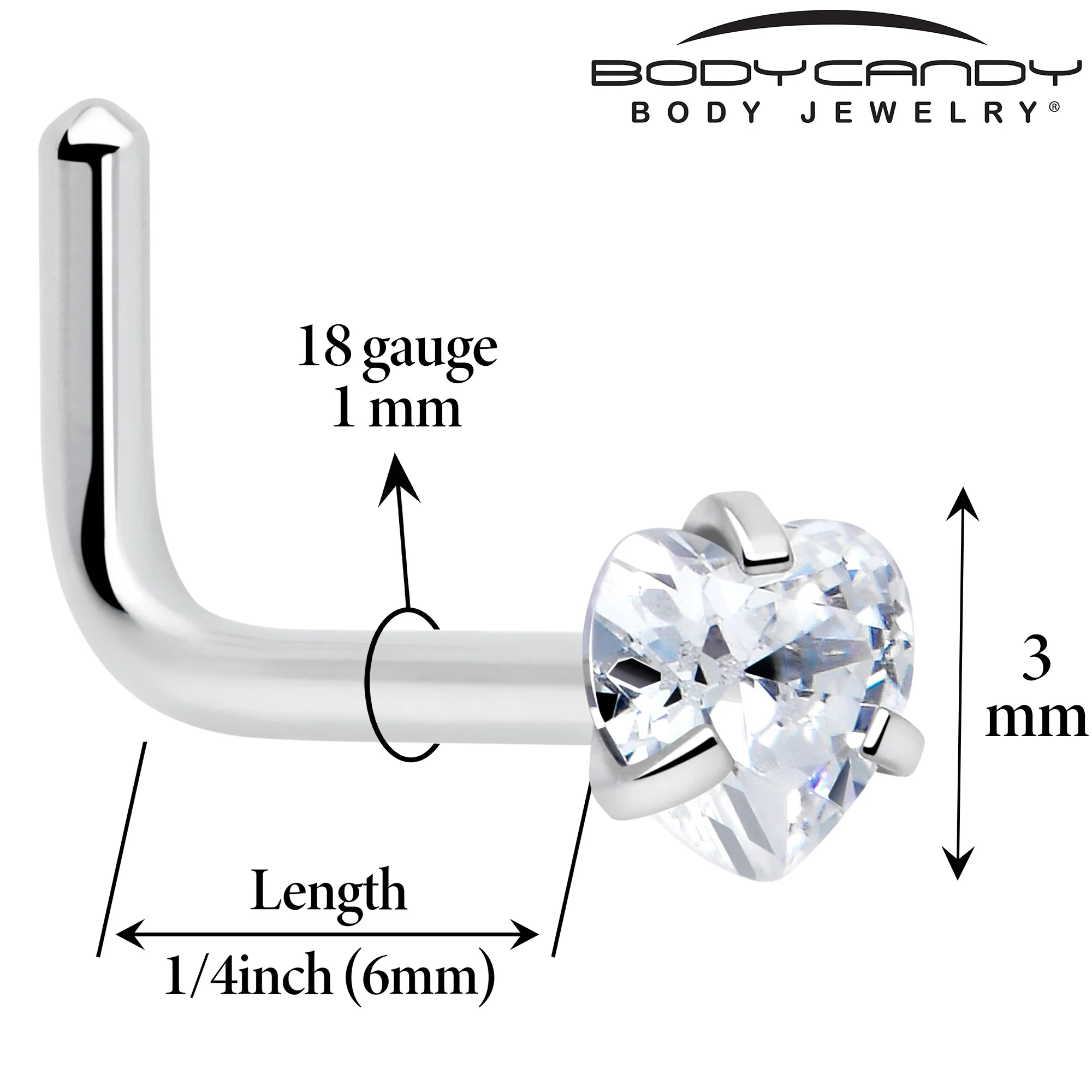 18G 1/4 Clear Heart 3mm CZ Gem Steel L-Shape Nose Ring - Image 3