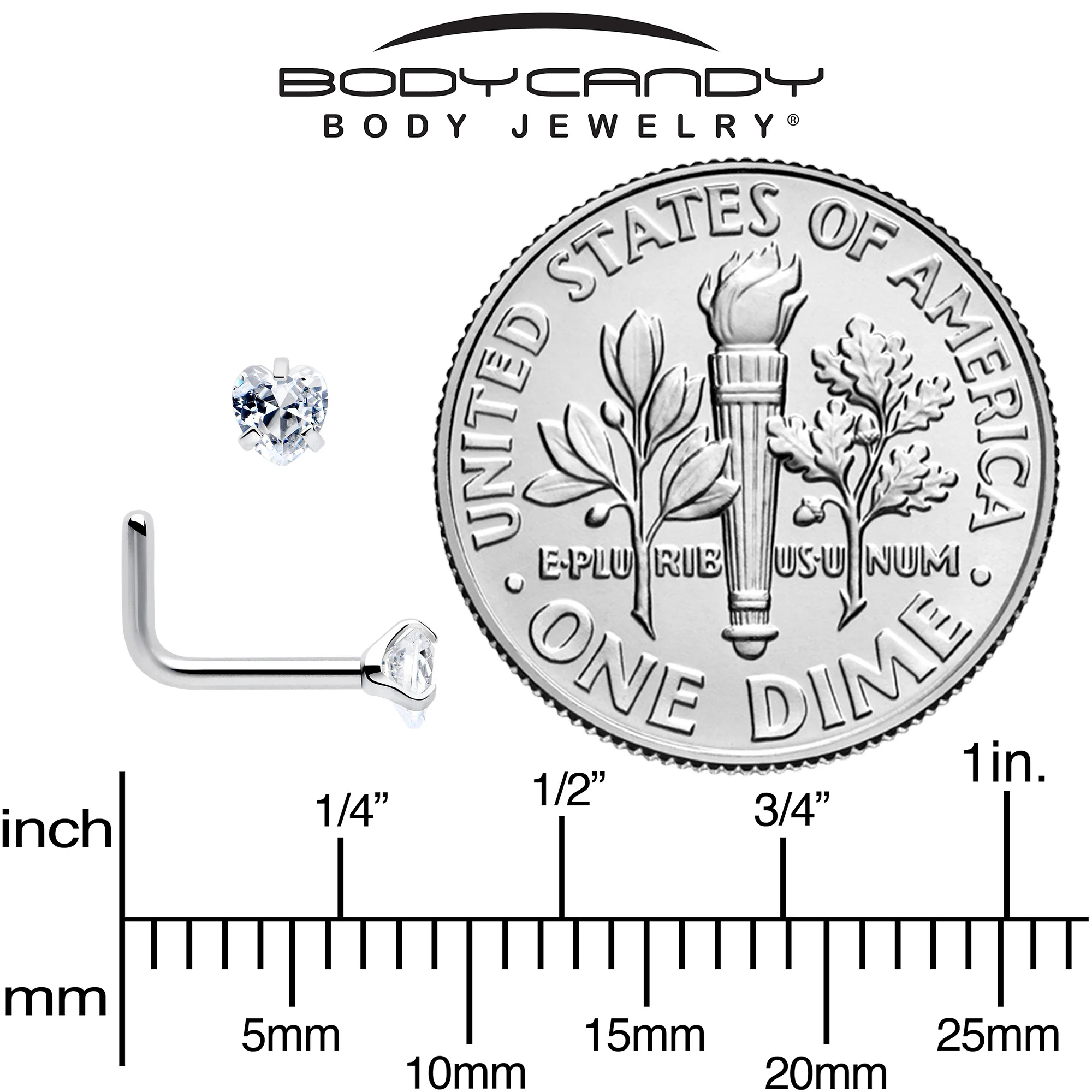 18G 1/4 Clear Heart 3mm CZ Gem Steel L-Shape Nose Ring - Image 4