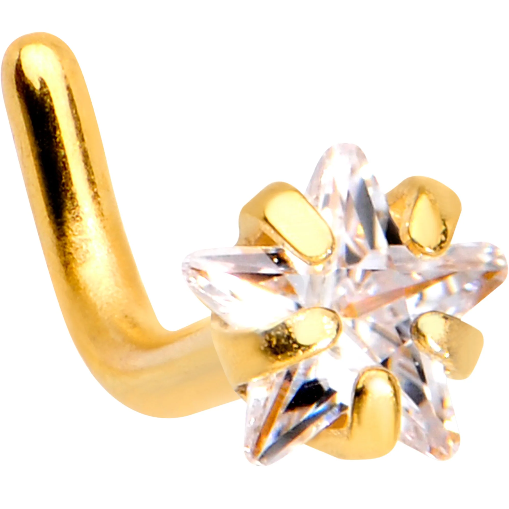 18G 1/4 Clear Star 3mm CZ Gem Gold IP L-Shape Nose Ring - Image 2