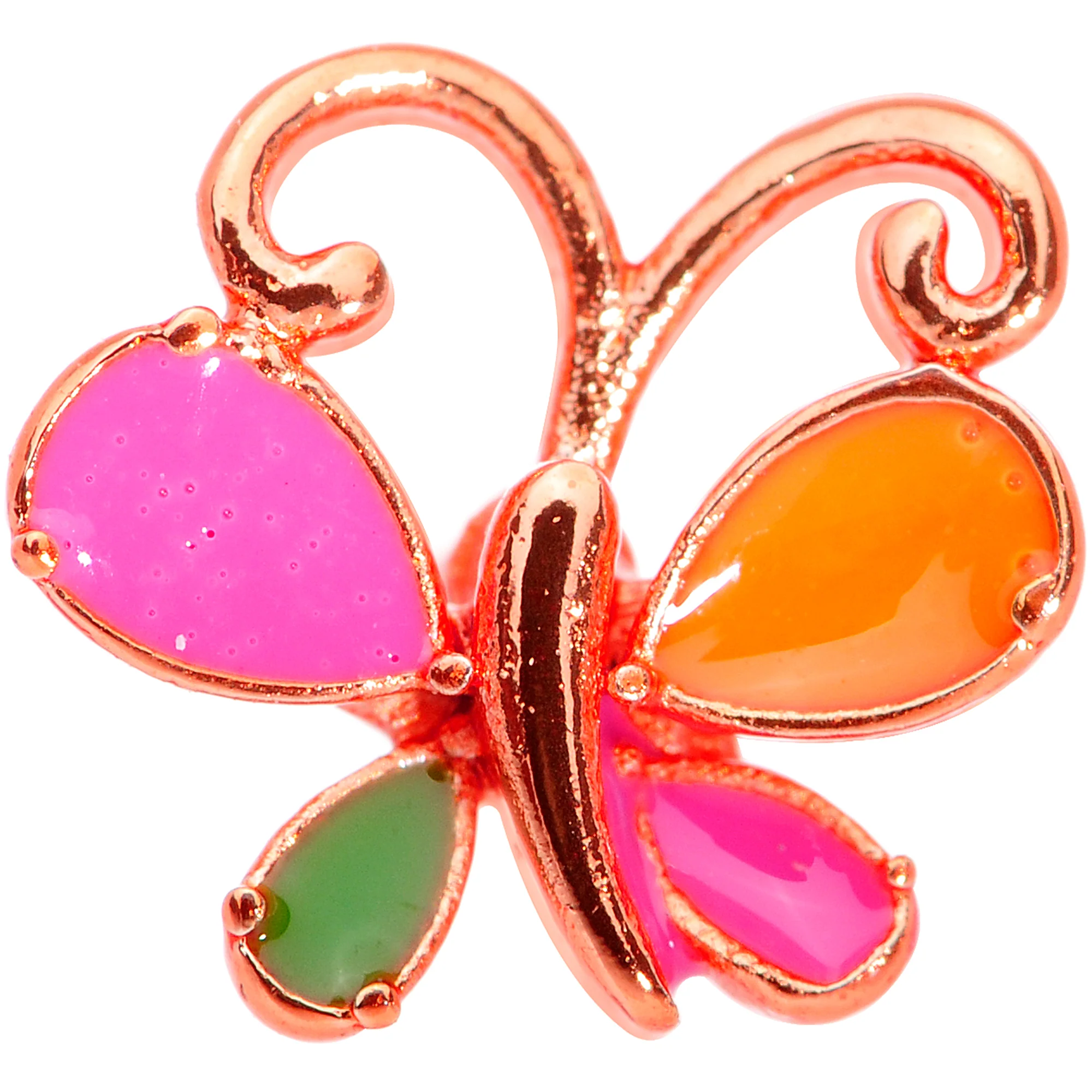 18G 1/4 Pink Orange Rose Gold Tone Butterfly L Shaped Nose Ring - Image 2