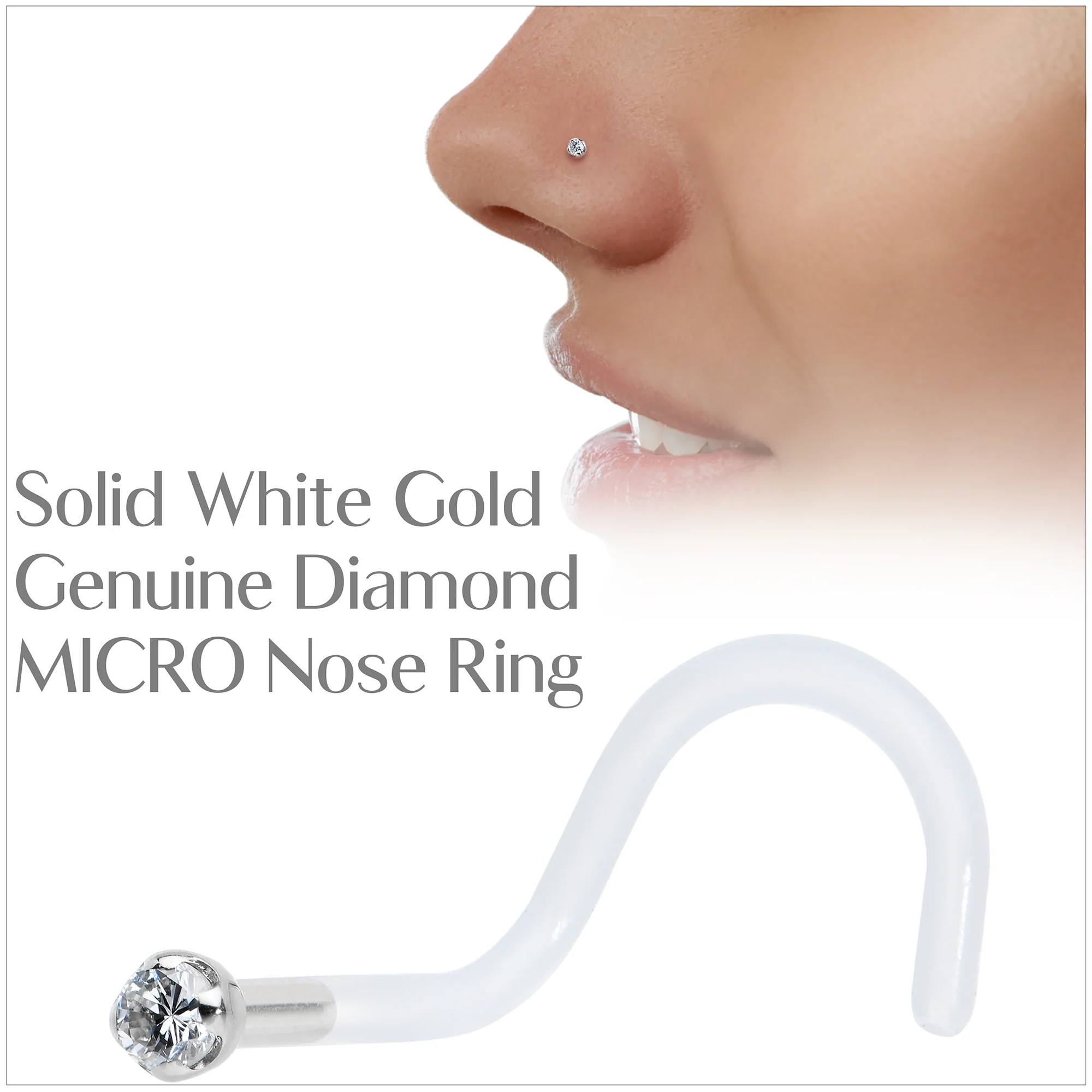 18G 14K White Gold 1.5mm Genuine Diamond Bioplast Micro Nose Ring - Image 5