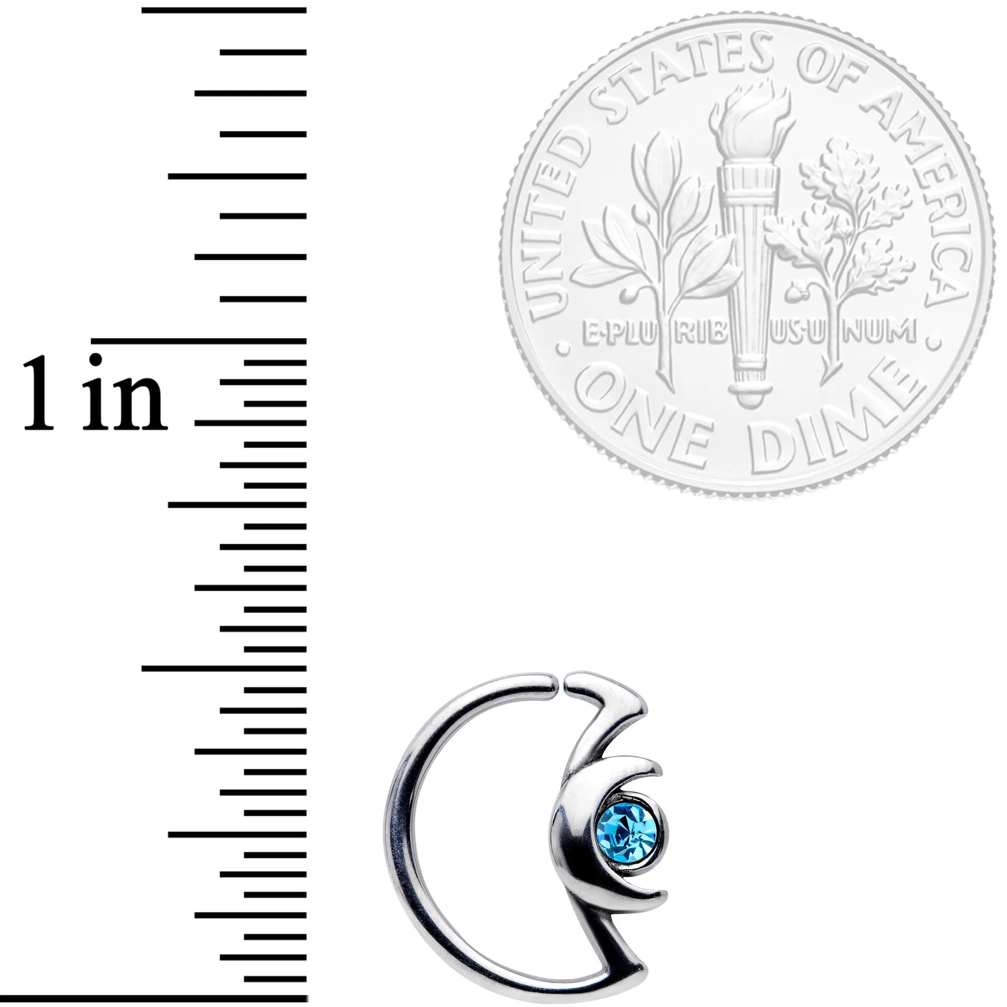 18G 3/8 Aqua Gem Crescent Moon Closure Ring - Image 2