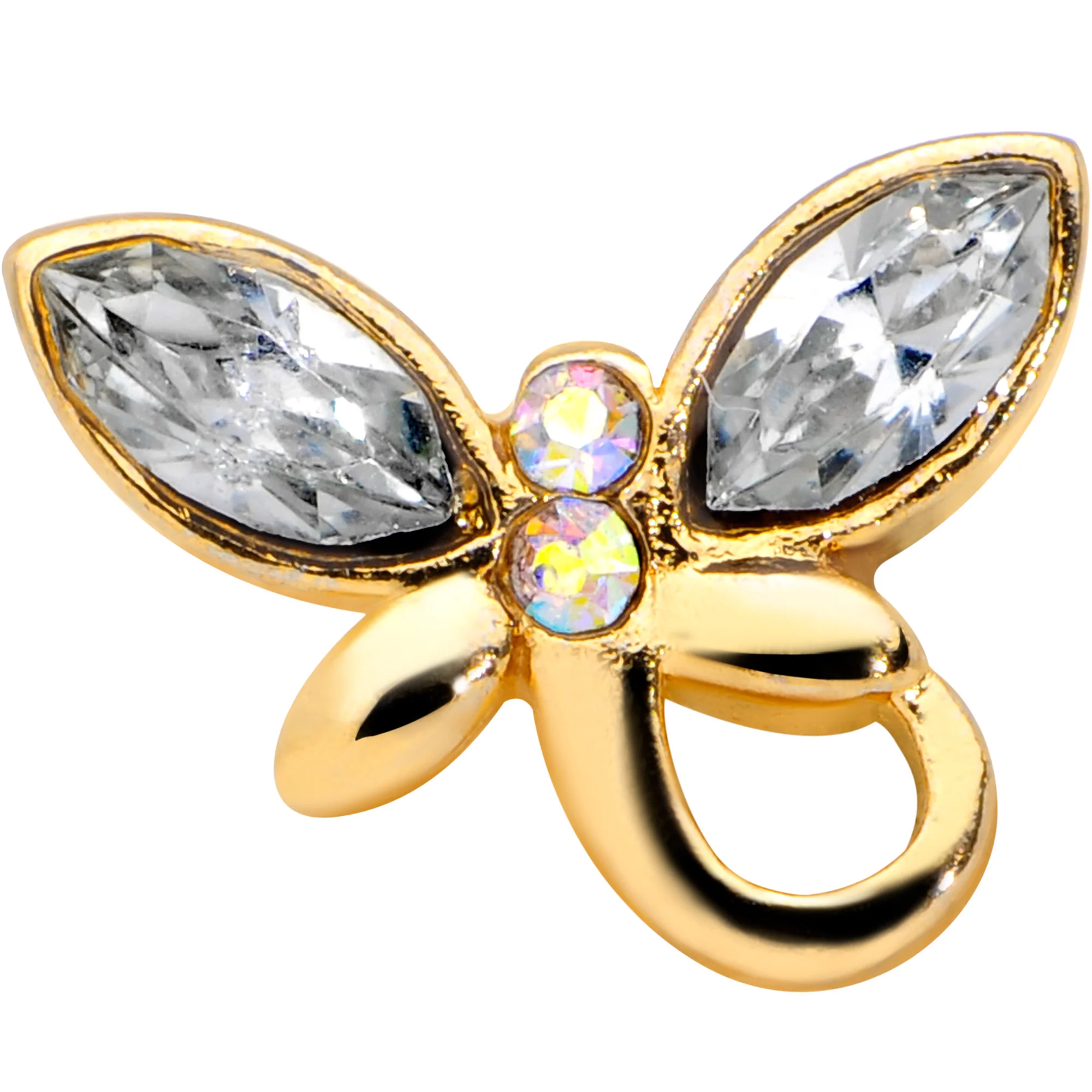 18G 3/8 Clear Aurora Gem Gold Tone Loop Butterfly Nose Hoop - Image 2