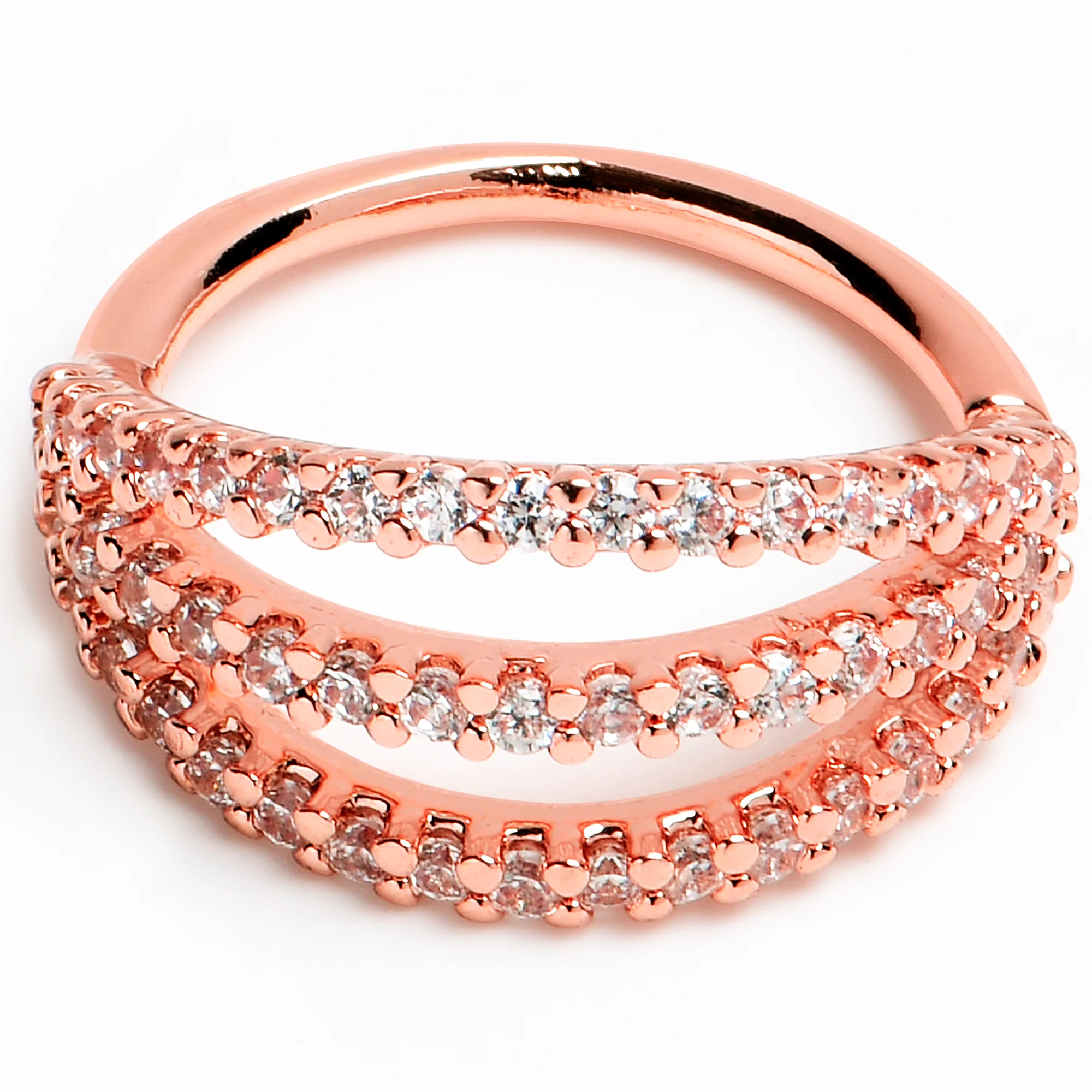 18G 3/8 Clear CZ Gem Rose Gold Tone Faux Triple Hoop Closure Ring